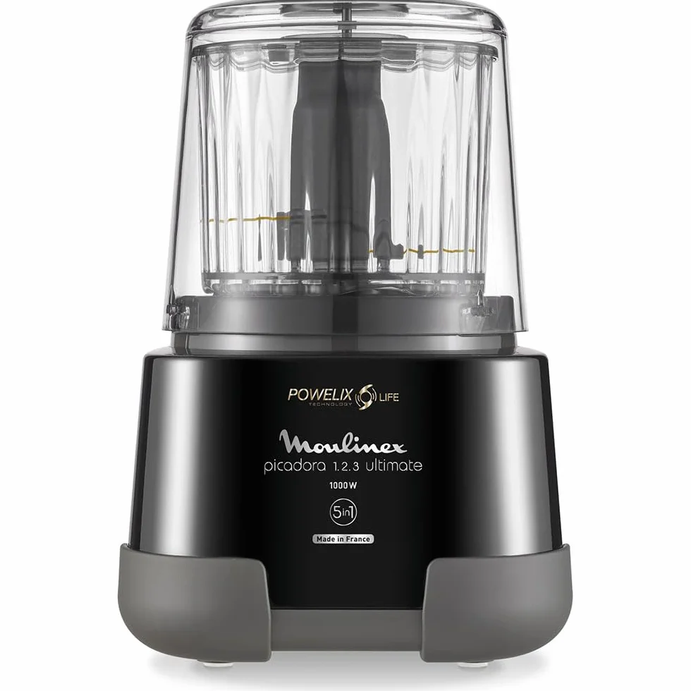 Moulinex 1,2,3 DP8108 - Hachoir électrique 1000 W, 2 lames Powerlife, capacité de jusqu'à 350 g/550 ml, couvercle hermétique, système de protection contre la surchauffe, compact, noir