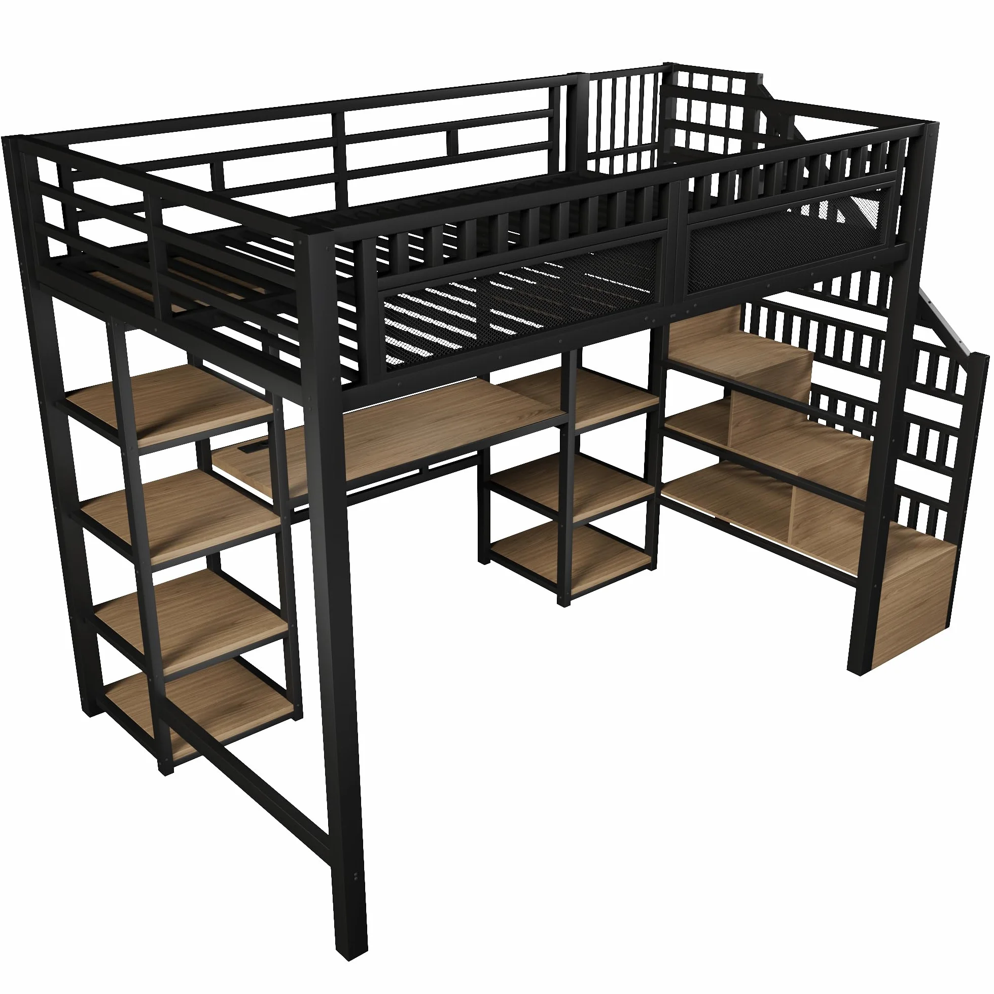 Sapgaks Lit Mezzanine Enfant en Fer 140x200 avec LED,Port USB, Bureau,Compartiment de Rangement,échelle de Rangement,lit superposé avec Garde-Corps,Cadre de lit Mezzanine 2 Place (A-Noir, 140x200)
