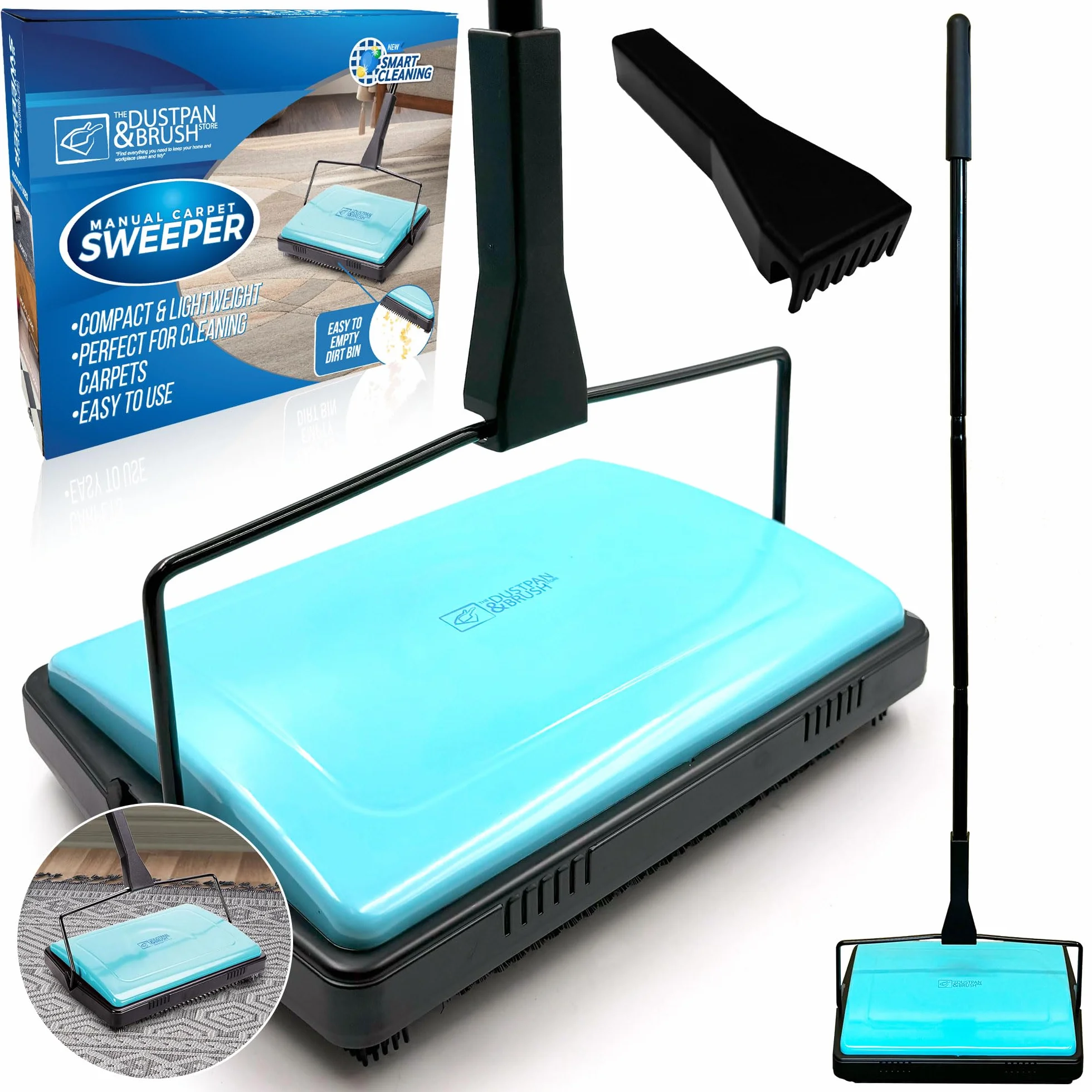 Balayeuse manuelle sans fil pivotante sans fil légère avec brosse en crin de cheval avec peigne de nettoyage – Parfait pour nettoyer les sols durs, les poils d'animaux et les tapis