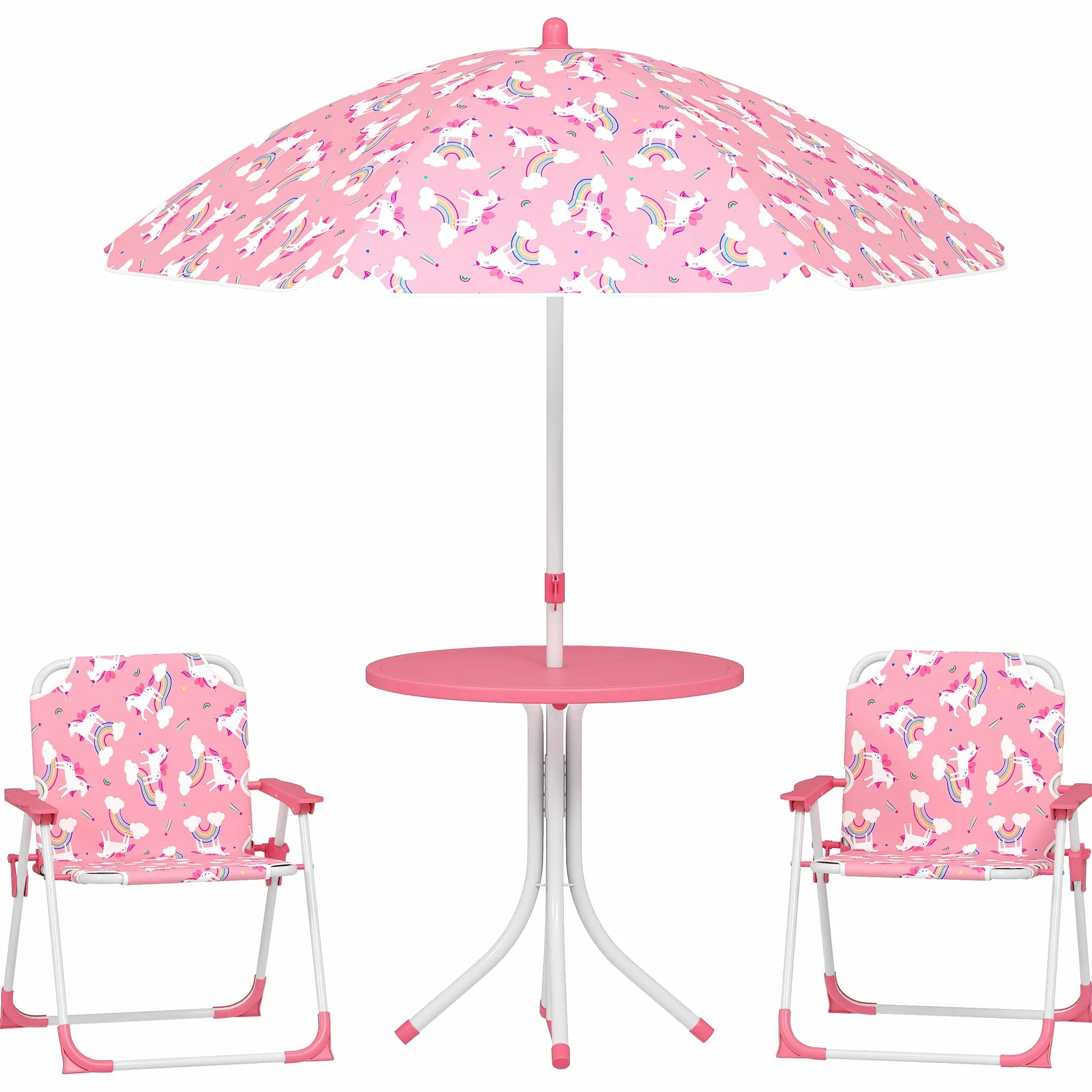 AIYAPLAY Ensemble Salon de Jardin Enfant Table avec Chaise 4 Pièces Motif Éléphant Girafe Parasol Réglable Ø 100 cm Pliable Rose
