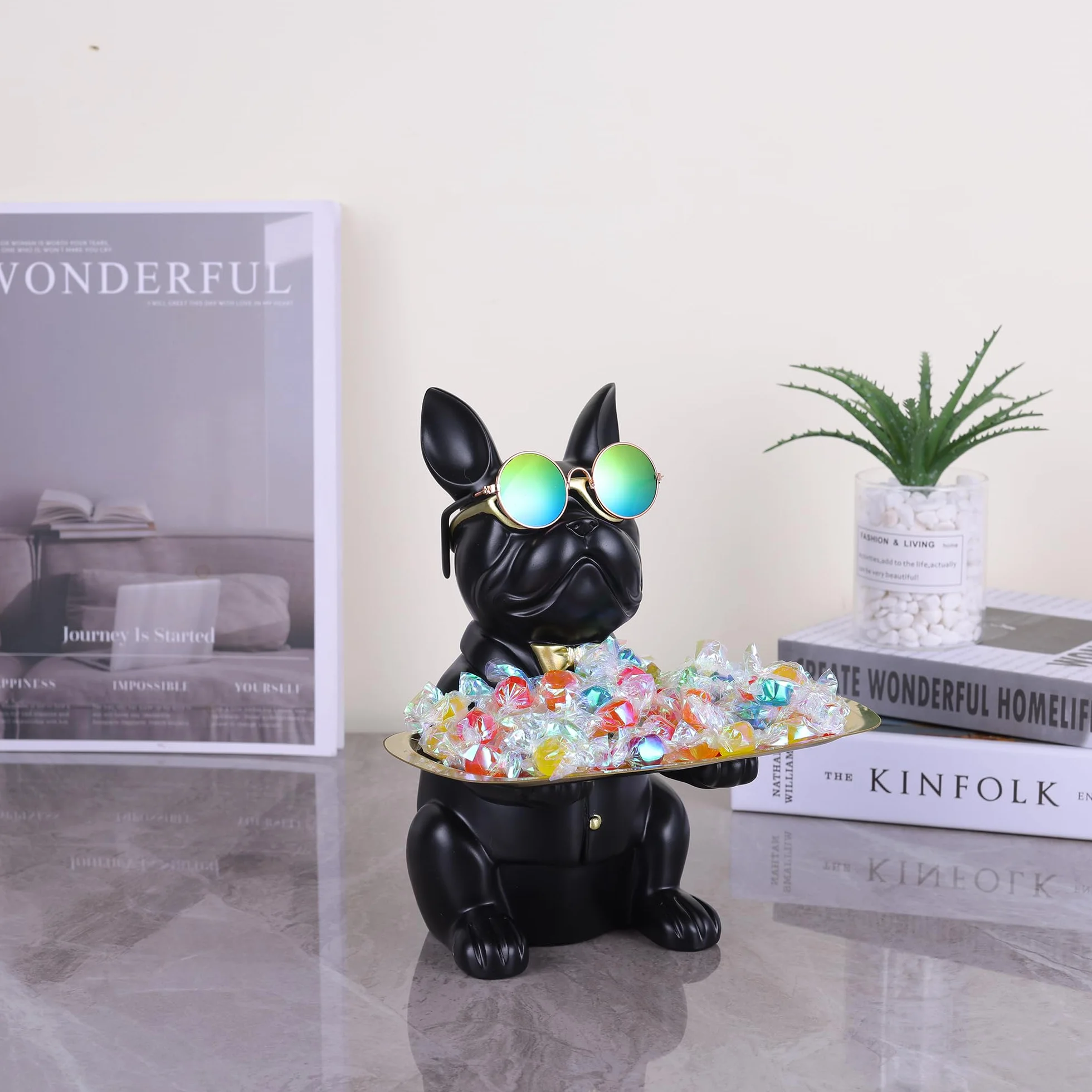 Bouledogue Statue Chien Plateau Décoratif Résine Clés Rangement Décoration Maison Moderne (Noir)