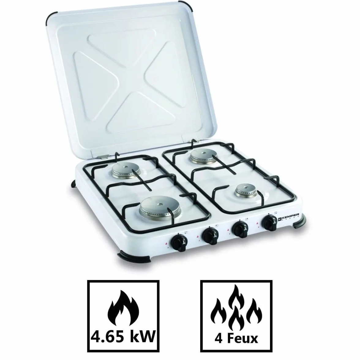 KEMPER - Plaque de cuisson gaz portable 4 feux - Réchaud gaz 4650W Blanc Couvercle et grilles amovibles Ideal Camping, Balcon, Cuisine Exterieure