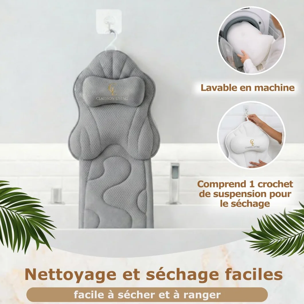 Coussin Baignoire Corps Complet Claessonliving (126x41cm) - Matelas de Bain avec appuie-tête (13cm) & Supports Corps - Coussin Baignoire Adulte - Oreiller Baignoire - Sacs de Lavage Inclus - Gris