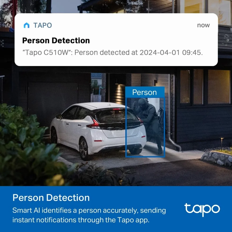 Tapo C510W (2 sztuki) Zewnętrzna kamera WiFi 2K 3 MP, widzenie 360 °, kolorowe widzenie nocne, kamera monitorująca IP, czujnik ruchu, wodoodporna IP65, dwukierunkowy dźwięk, Alexa, 2 sztuki