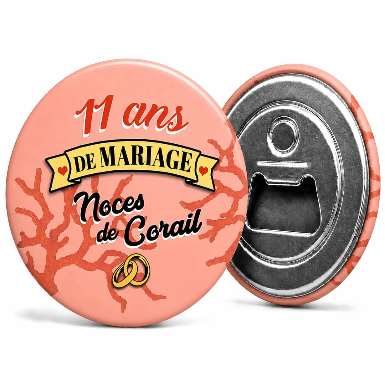 Décapsuleur Magnétique Aimant Noces de Corail 11 Ans Anniversaire Diamètre 5.9cm Anneaux Mariage