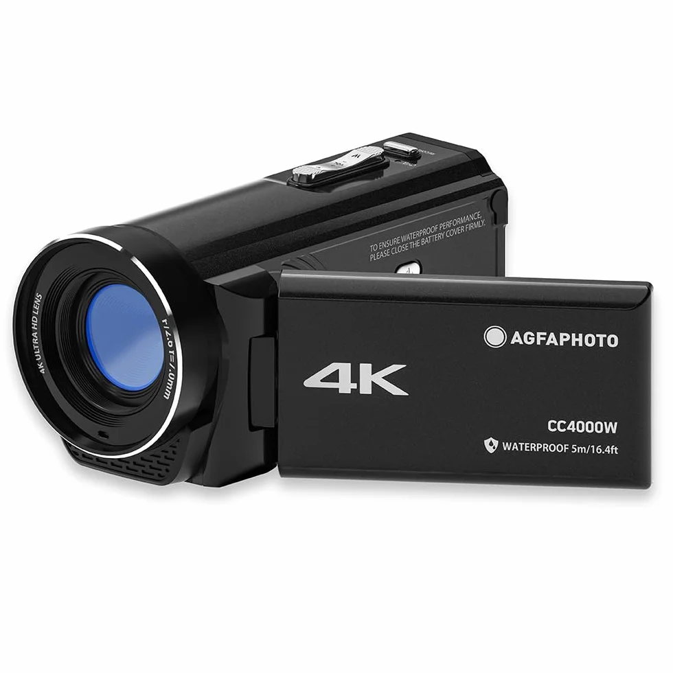 AGFA Realimove CC4000W - wodoodporna kamera 4K, 3-calowy ekran dotykowy, 18-krotny zoom cyfrowy, wideo 2,7K, zdjęcie 24 MP, pilot zdalnego sterowania, wiele trybów nagrywania, bateria litowa - czarna