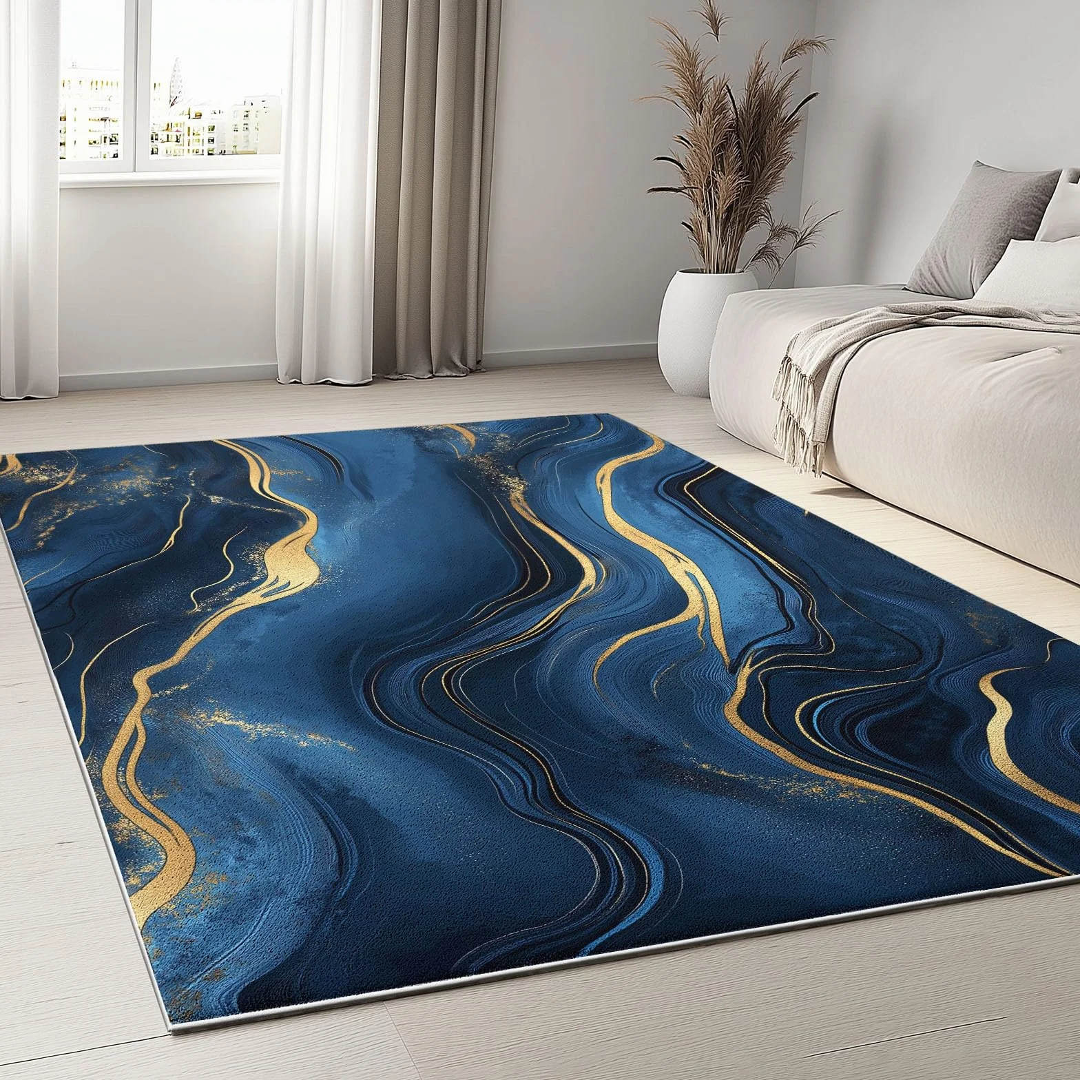 Tapis Salon Chambre Adulte Poil, Tapis à Poils Courts et denses Motif Lignes De Marbre Abstraites, Tapis Lavable en Machine Antidérapant Bleu Foncé Or, 60 x 110 cm