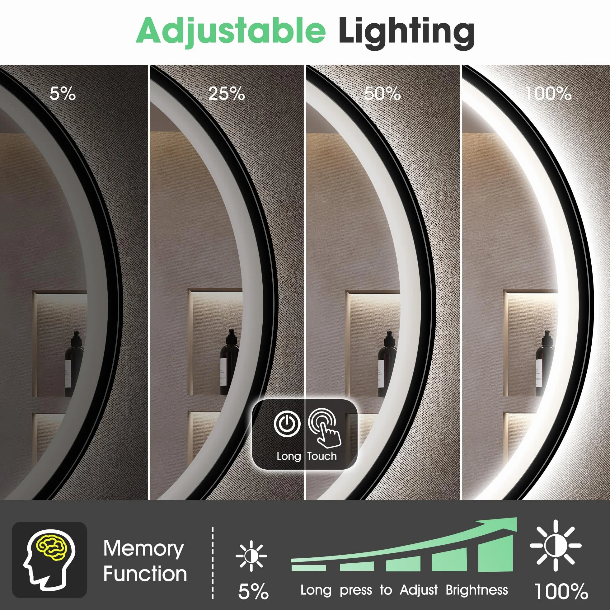 S'bagno Miroir-Rond-Salle-de-Bain-avec-éclairage 60cm, Rond-Miroir-LED-avec-Bluetooth, Antibuée, 3 Couleurs Lumières, Dimmable, Mémoire Lumière, IP44, Verre Trempé, Cadre Fer Noir