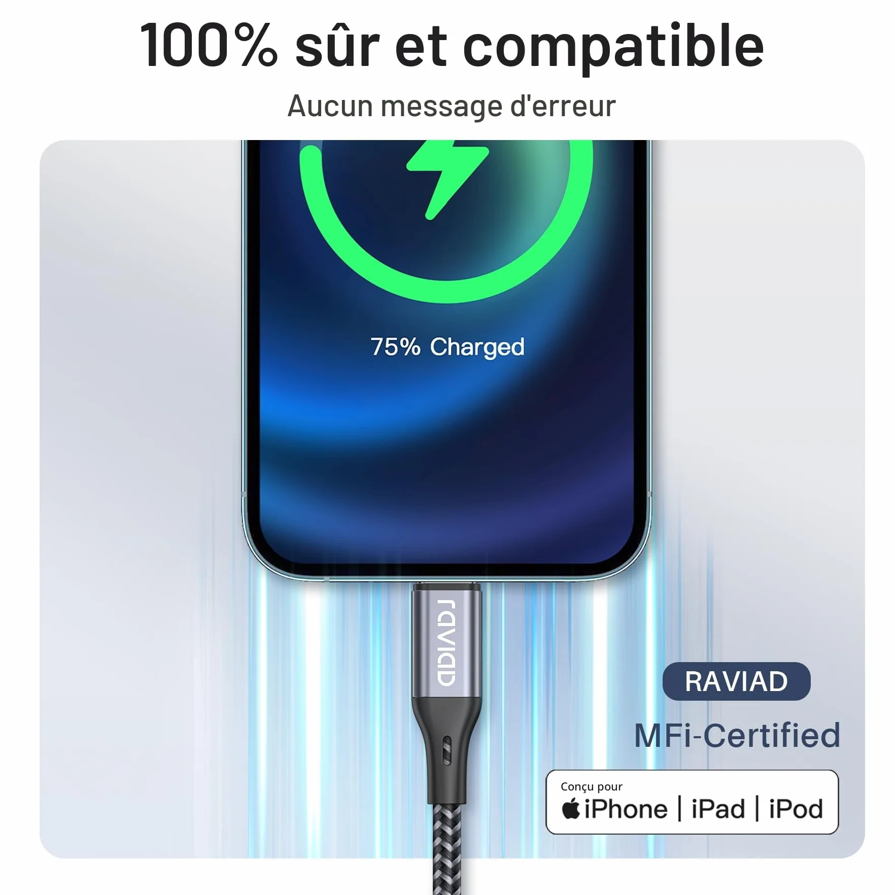 RAVIAD Câble iPhone Chargeur MFi Lightning Nylon Tressé 1.2m Gris