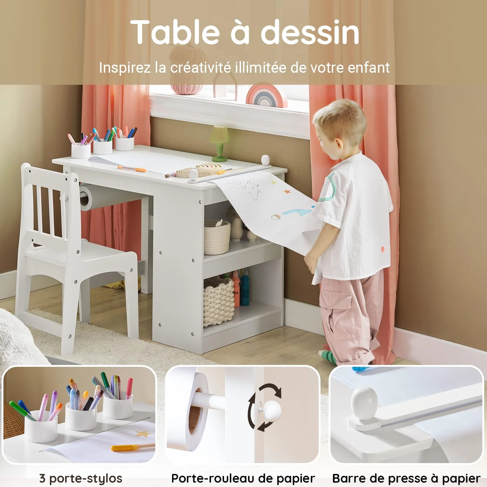 SoBuy Table Enfant avec Chaise Ensemble 2 Pièces Table et Chaise pour Enfant Bureau avec 2 Étagères Porte-Papier et Rangements Stylos Blanc 80x54x65,5 KMB60-W