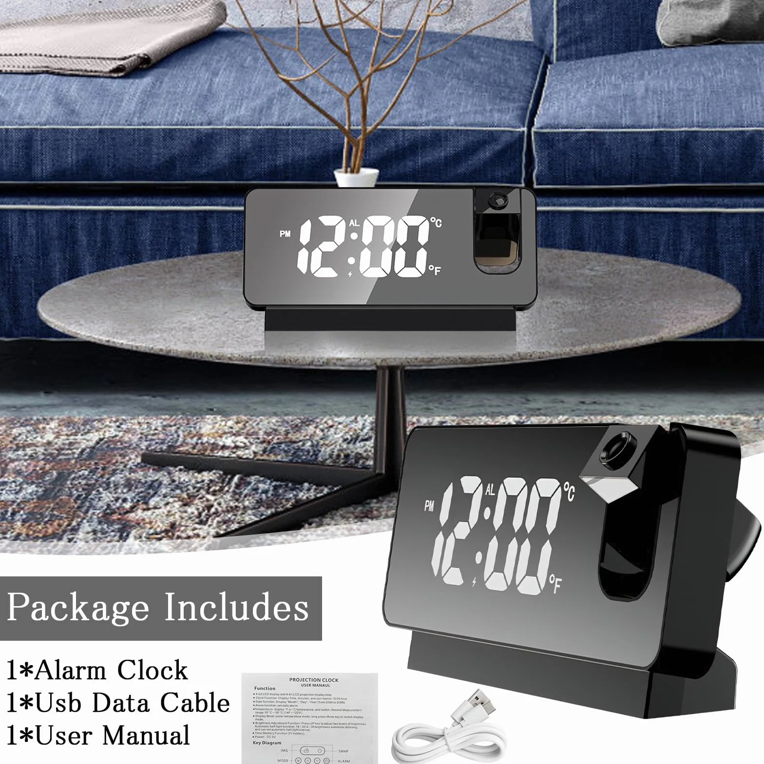 TNSLAND Réveil à Projection LED numérique 180° avec Snooze, Double Gong, Température USB