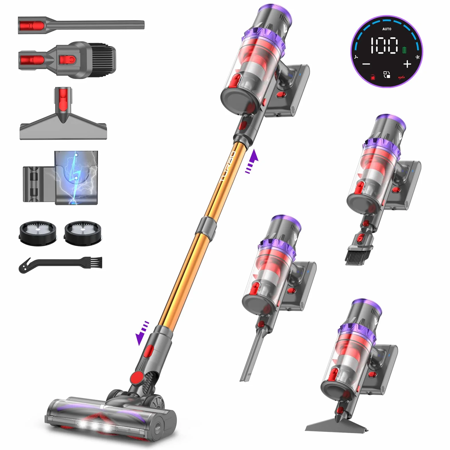 coovy SU7 Aspirateur Balai sans Fil 580W/55Kpa/75Mins, Aspirateur Puissant, Détection Poussière, Écrans Tactiles LED, Brosse Anti-Emmêlement Vacuum Cleaner pour Sols Durs Tapis Voiture