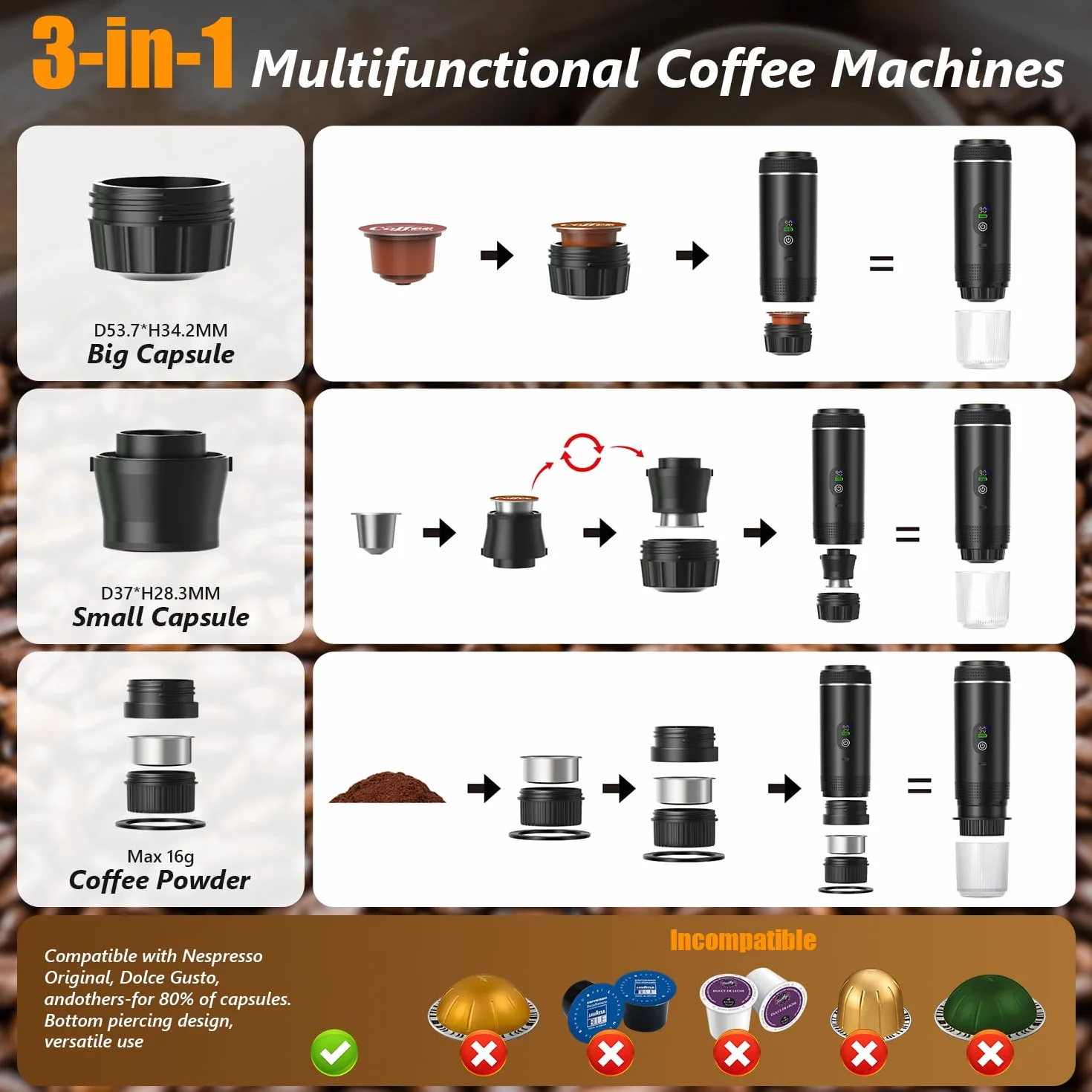 Machine à Café Portable, 3 En 1 Cafetière Portable, 20Bar Mini Machine àcafé Auto-Chauffante, Rechargeable, compatible avec capsules et café moulu, pour Voyage, Randonnée, Camping, Voiture, Maison