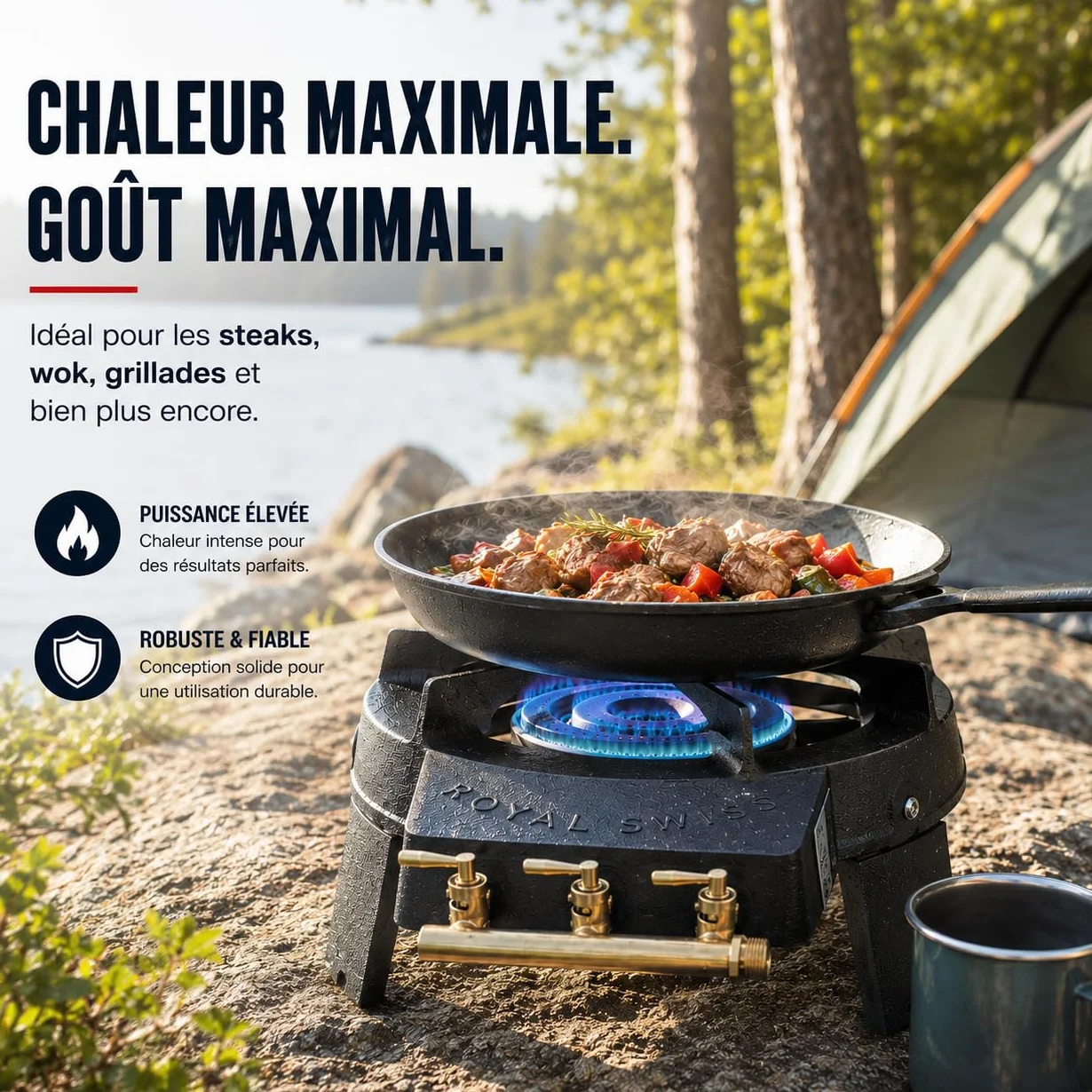 Royal Swiss Réchaud à Gaz 3 Robinets en Fonte, Trépied Gaz pour Paella et Grandes Marmites, Brûleur Butane Propane, Gazinière Extérieure avec 4 Pieds, Noir