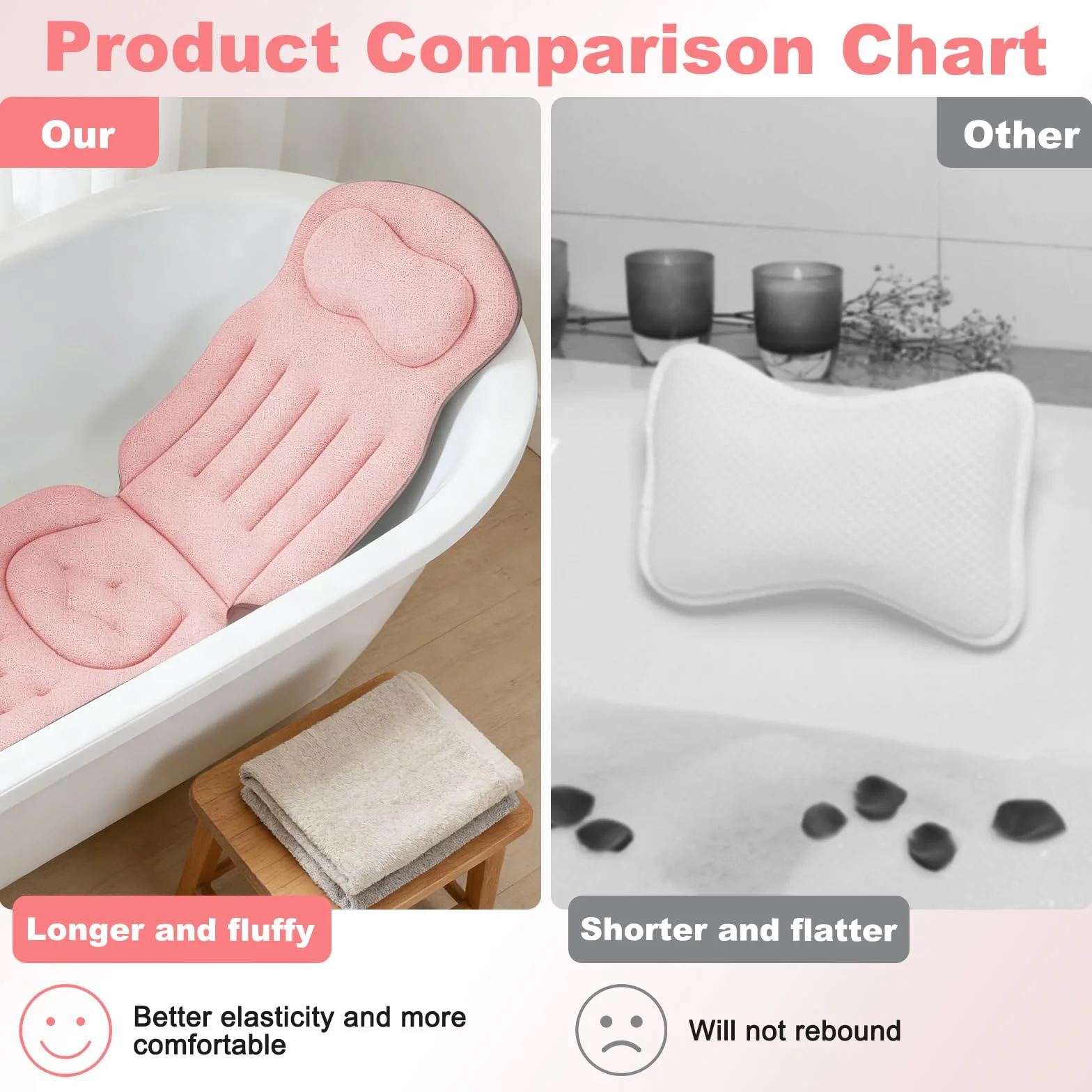 Coussin de bain complet pour la baignoire, tapis de bain épais avec appui-tête, soutient la nuque, le dos et les jambes, coussin de bain avec ventouses et crochets de suspension (rose)