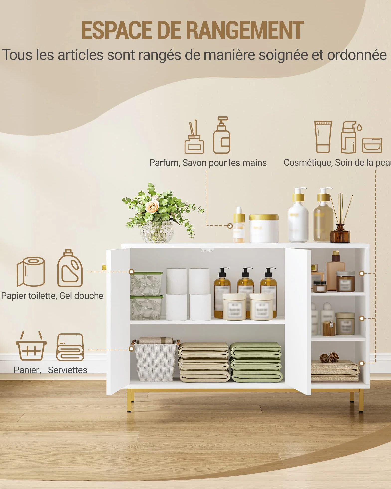 Hzuaneri Meuble Salle de Bain, Meuble de Rangement, Armoire Salle de Bain, Placard Rangement avec 2 Portes, Compartiment Ouvert, Salle de Bains, Le Salon 35 x 100 x 75 cm, Blanc-Or SC10203G