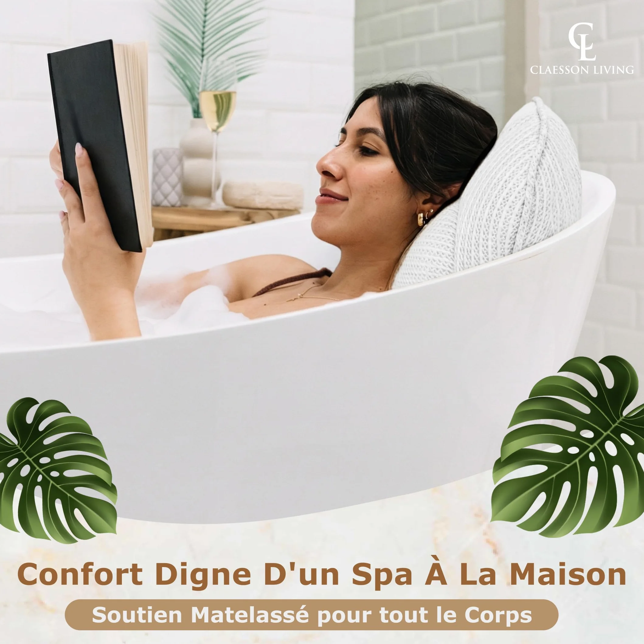 Coussin Baignoire Corps Complet Claessonliving (152x56cm) - Matelas de Bain avec appuie-tête (11cm) & Supports Corps - Coussin Baignoire Adulte - Oreiller Baignoire - Sacs de Lavage Inclus - Blanc