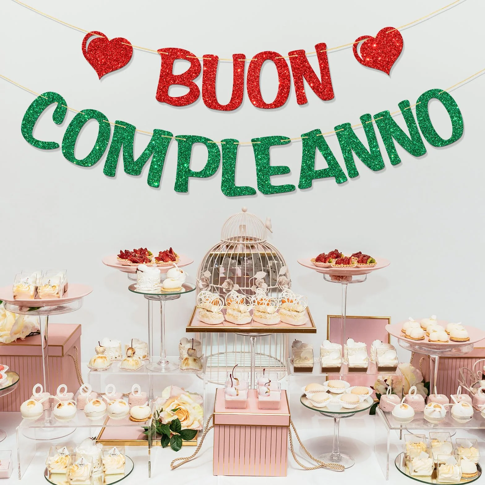 Bannière Buon Compleanno – Décorations de fête d'anniversaire italiennes – Paillettes rouges et vertes