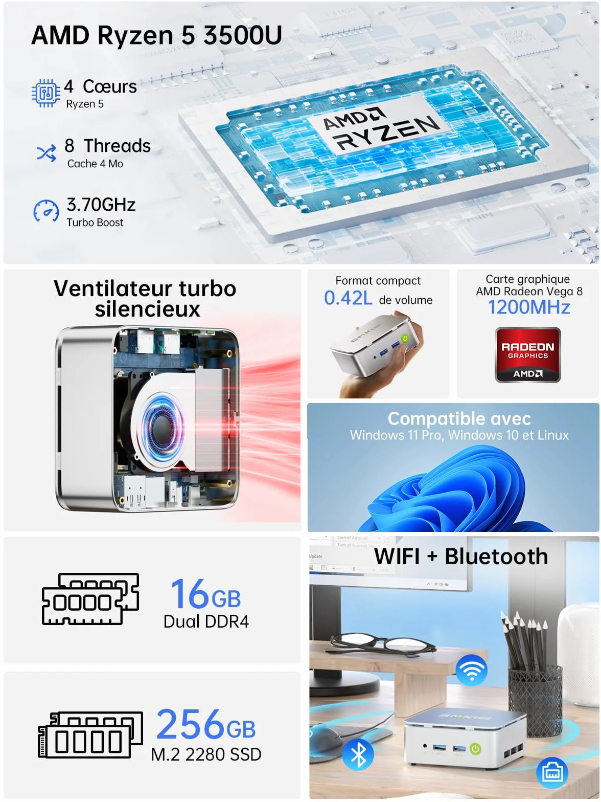 GMKtec G10 Mini PC AMD Ryzen 5 3500U 3,7 GHz 16Go DDR4 512Go PCIe3.0x4 SSD LAN 2,5G Triple Affichage 4K