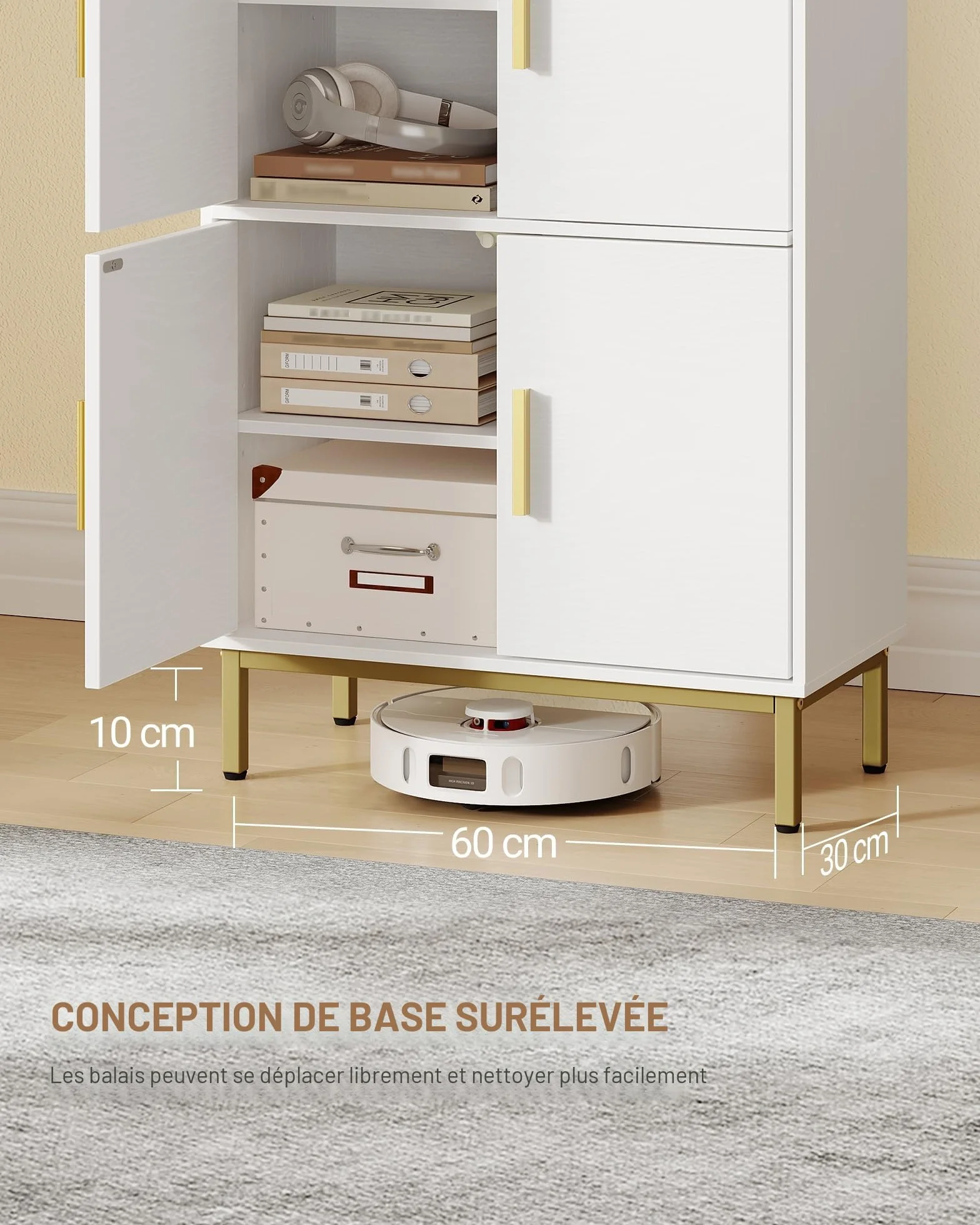 Hzuaneri Meuble Salle de Bain, Armoire de Rangement, Placard Cuisine avec 4 Portes et 1 Espace Ouvert, Armoire de Rangement, Étagères réglables, Salle de Bain, 30 x 60 x 120 cm, Blanc-Or SC45613G