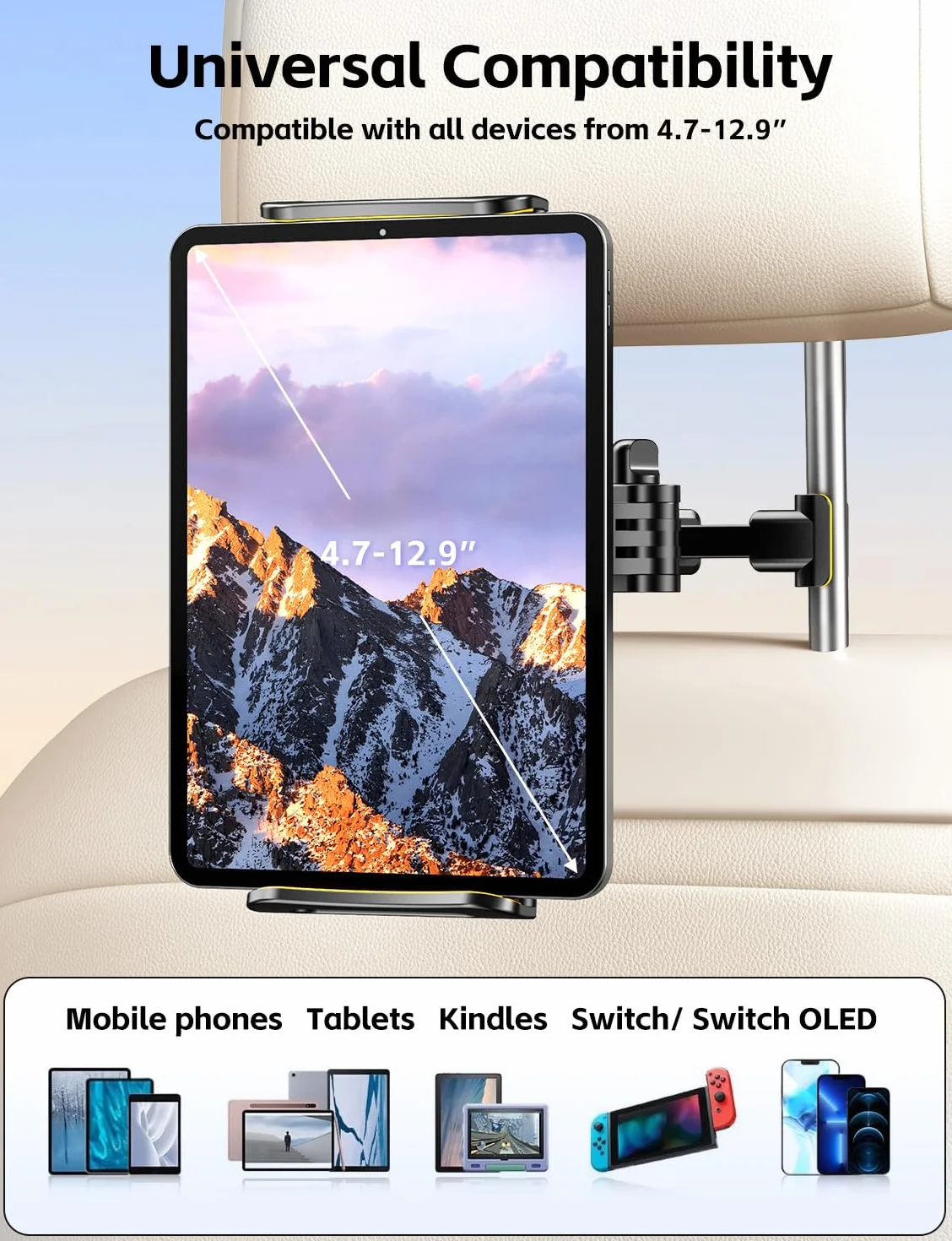 Stojak na tablet samochodowy, rozszerzalny uchwyt na tablet fotelik samochodowy dla iPada/Fire HD/4,7~12,9 cala Tablety