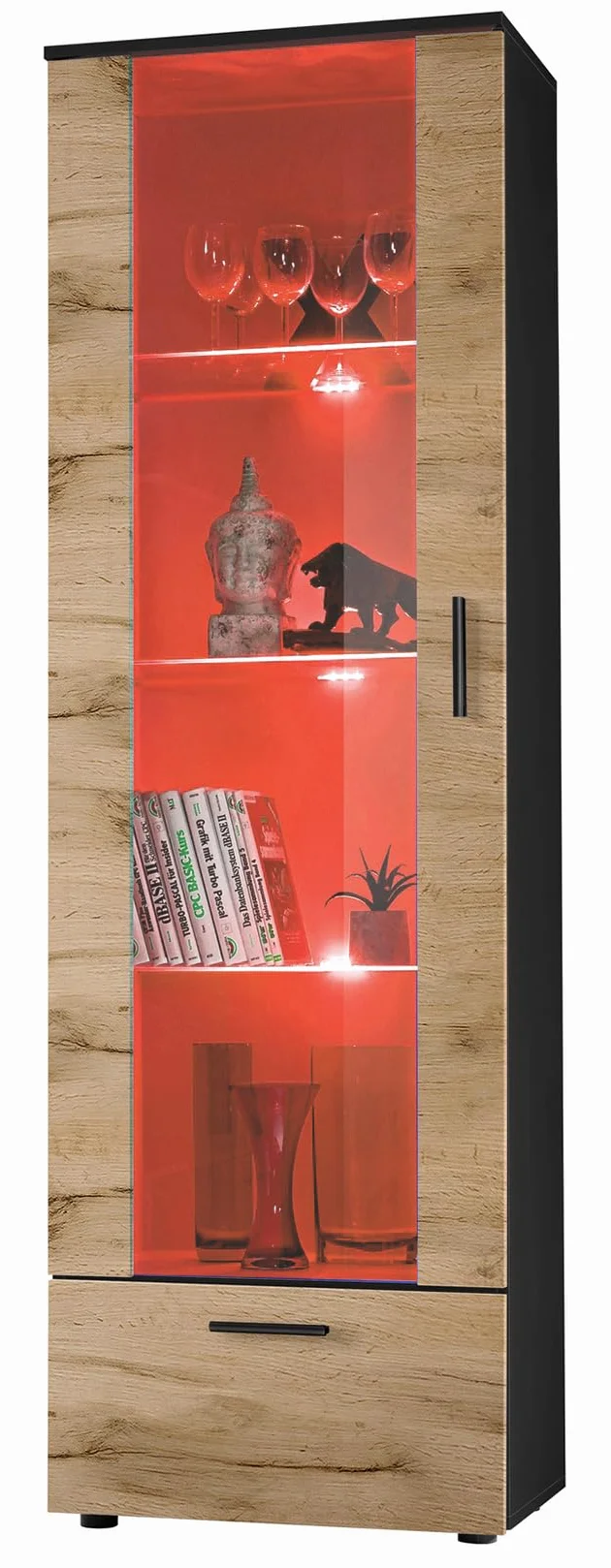 Komodee, Vitrine Armoire Alessandria, Noir Wotan, Largeur 60 cm x Hauteur :192 cm x Profondeur 42 cm, LED RGB, 3 étagères, pour Salon, Chambre, Entrée