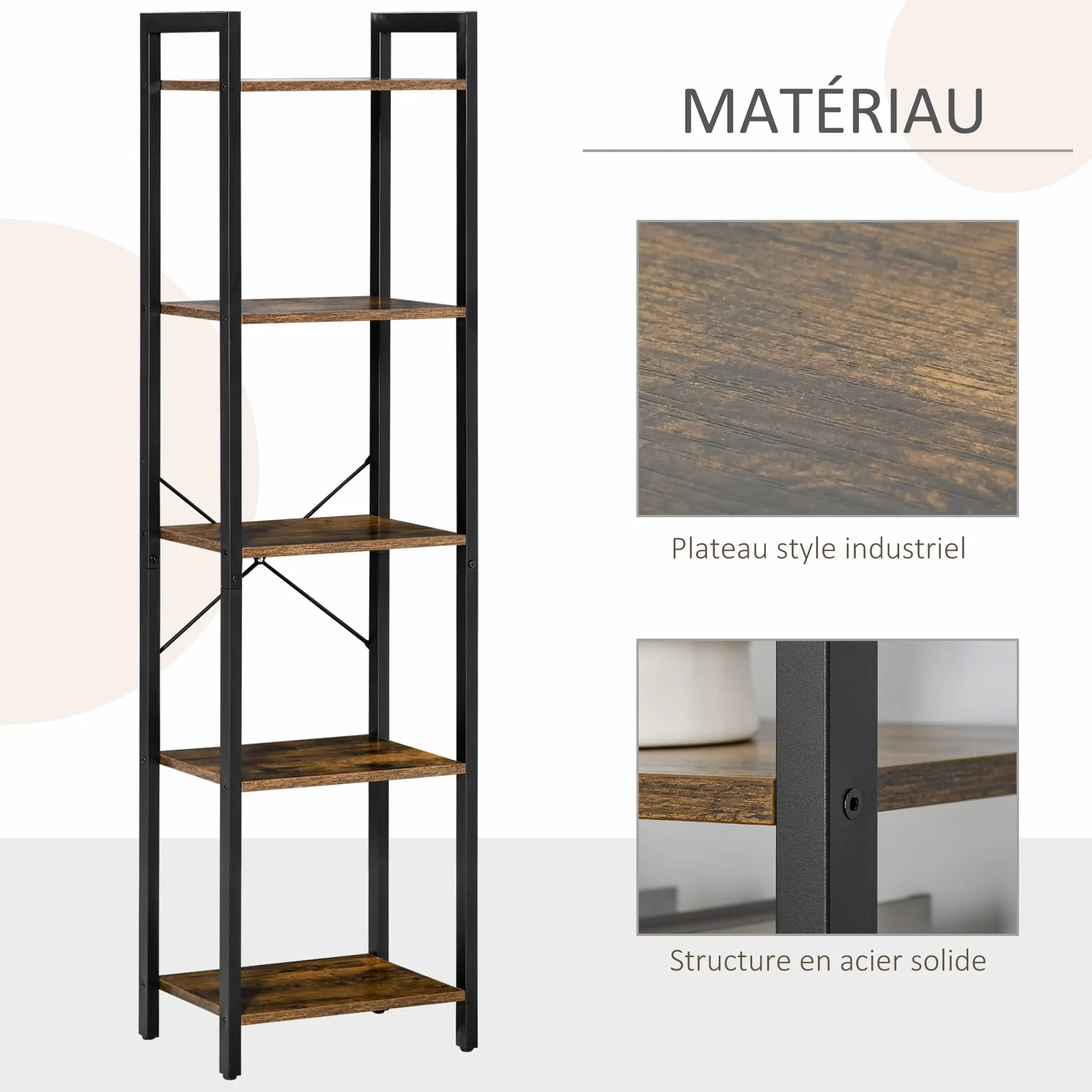 HOMCOM Étagère bibliothèque Style Industriel H154 cm 5 étagères Acier Noir Panneaux Particules Aspect Bois Vieilli