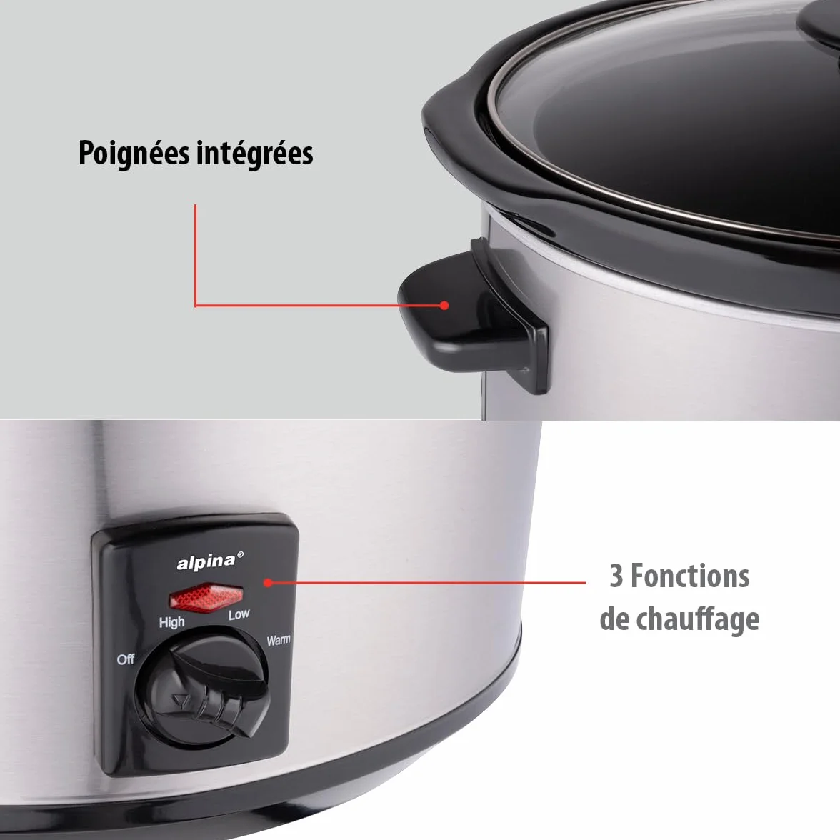 Alpina Mijoteuse Electrique - 3,5 litres - 3 Niveaux de Chaleur - Ceramique/Inox, Argenté