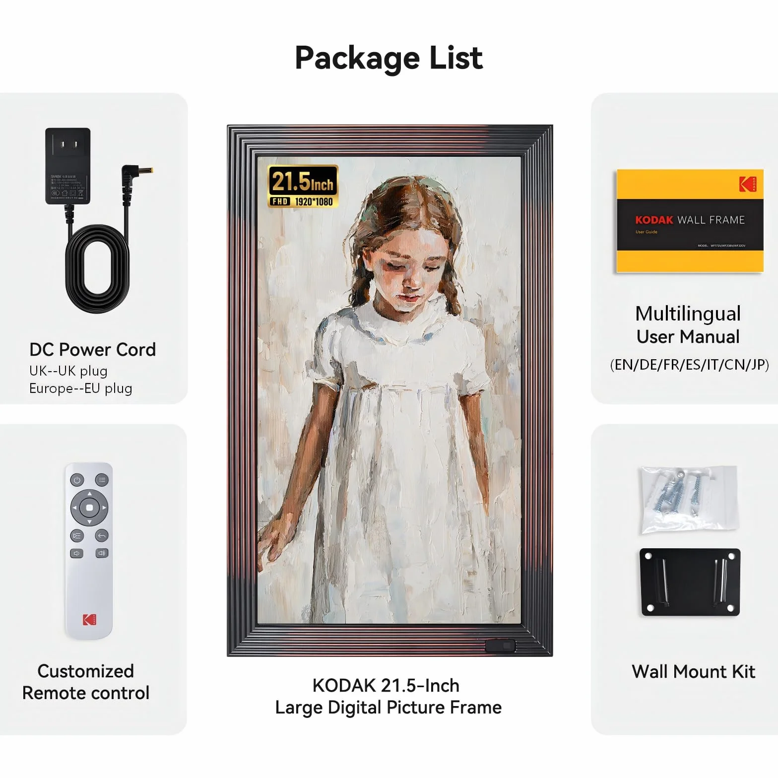 KODAK 21,5 cala Cyfrowa ramka na zdjęcia, duża ramka elektroniczna z Wi-Fi i pamięcią 32 GB, ramka cyfrowa FHD, udostępnianie zdjęć i filmów przez aplikację, pilot zdalnego sterowania, czujnik ruchu