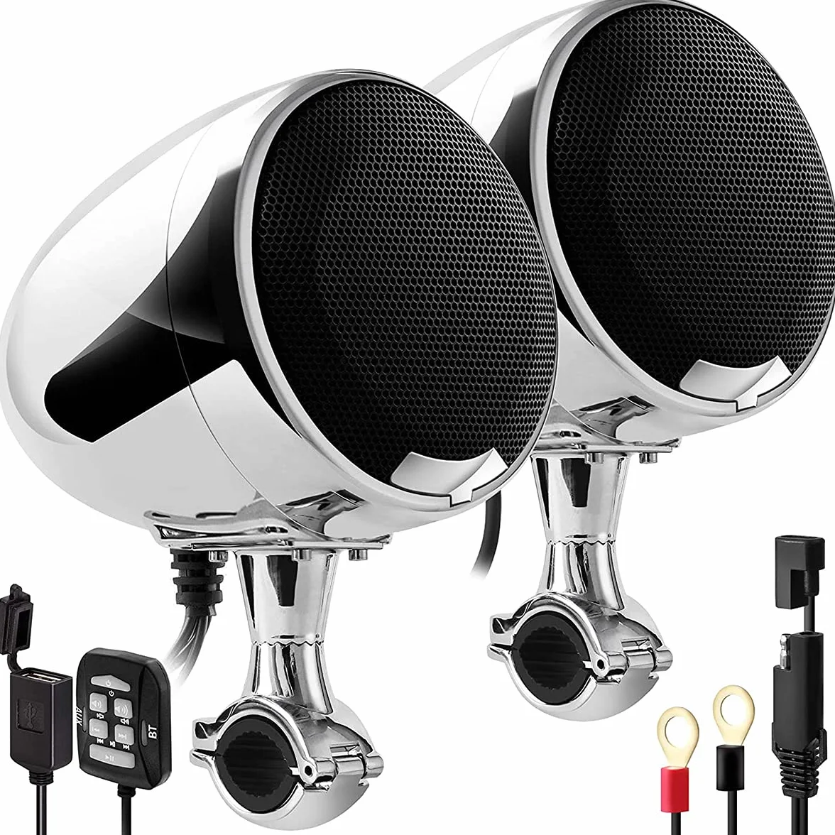 Wbudowany wzmacniacz 600 W, 11.4 cm, pełnozakresowe, wodoodporne, Bluetooth, motocyklowe, stereo, system audio z USB AUX MP3, pasuje do montażu na kierownicy od 1 do 1-1/10.2 cm (chromowany)