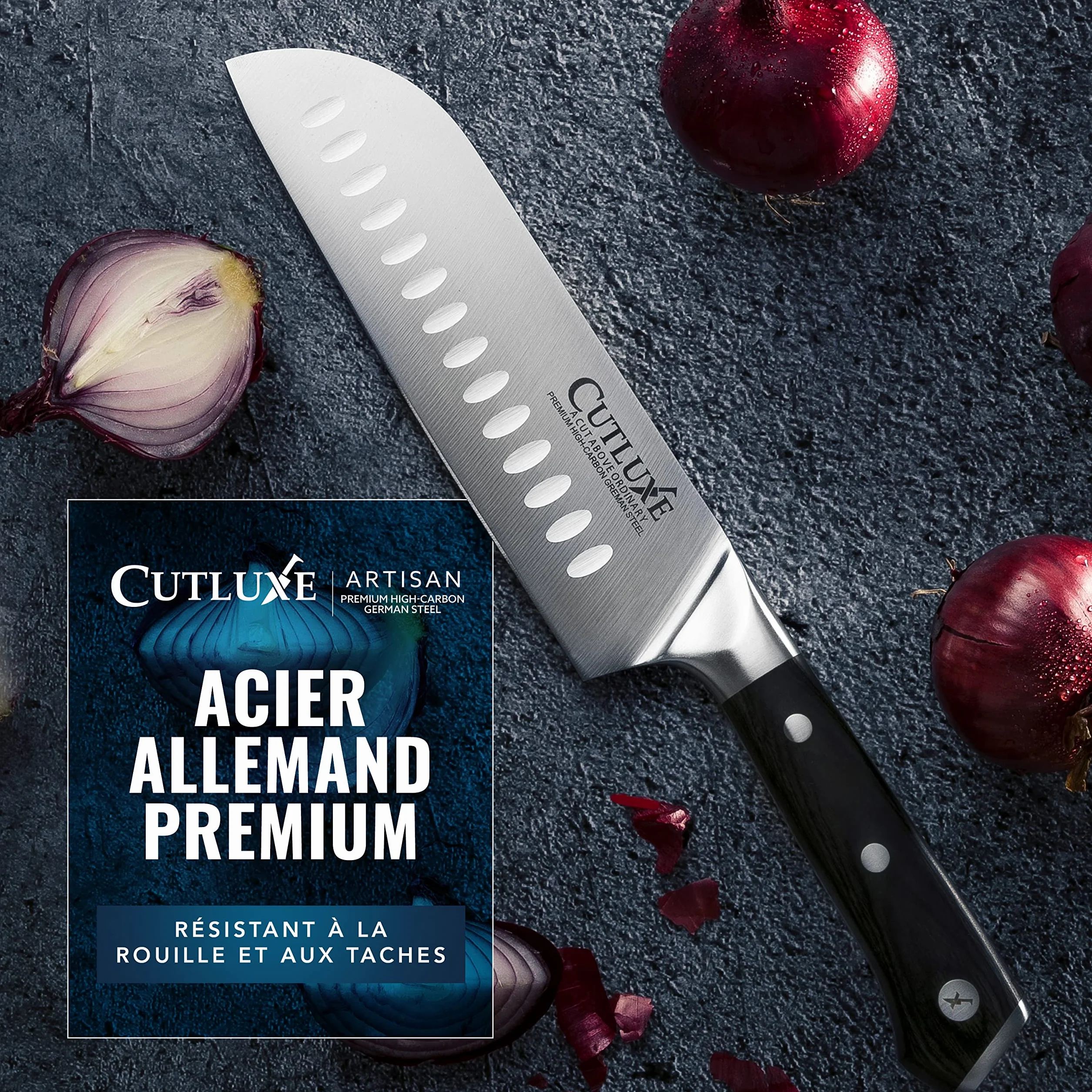 Cutluxe Couteau Japonais - 18 cm Couteau Professionnel Santoku Avec Fourreau - Lame Professionnelle en Acier Allemand à Forte Teneur en Carbone - Couteaux de Découpe pour la Cuisine - Série Artisan