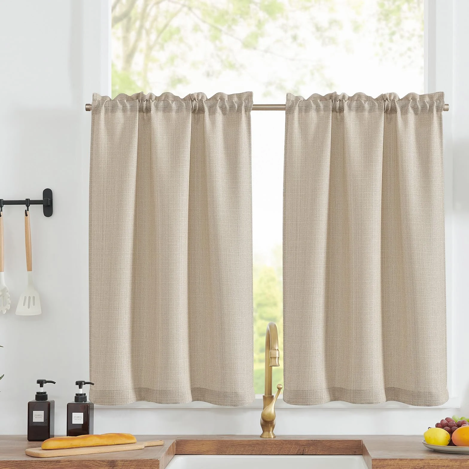 Rideaux Cuisine Court Beige 70L x 90H(cm) 2 Panneaux Passe Tringle Brise-Bise Moderne
