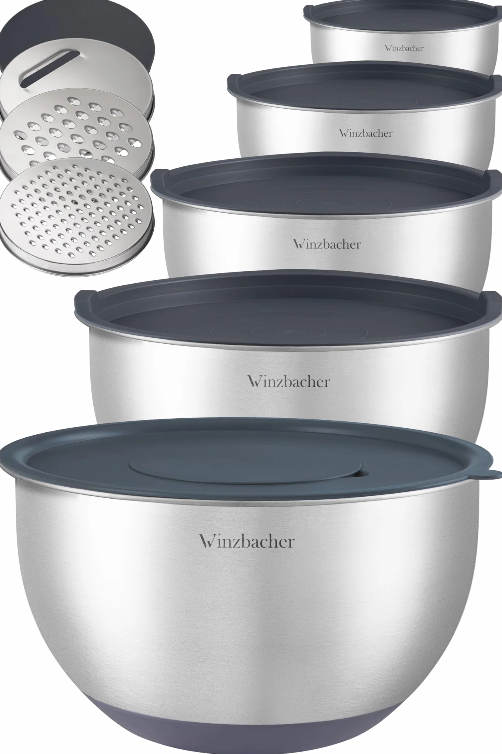 Winzbacher Bol en acier inoxydable avec couvercle [Lot de 5] 1 l + 1,5 l + 2,5 l + 3,5 l + 4,5 l | Bol à mélanger, saladier, set de bols | antidérapant | empilable | râpe incluse