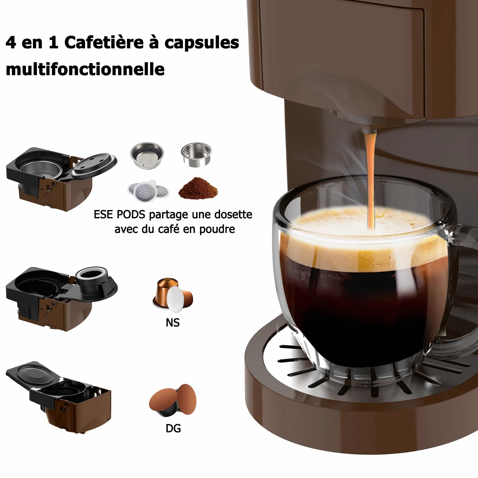 KOTLIE AC-513K 4 en 1 Multifonctionnel Machine à Café à Capsules, pour NES/DG/Café en Poudre/ESE Pod(44mm),19Bar, 0.8L réservoir de stockage d'eau(Brun)