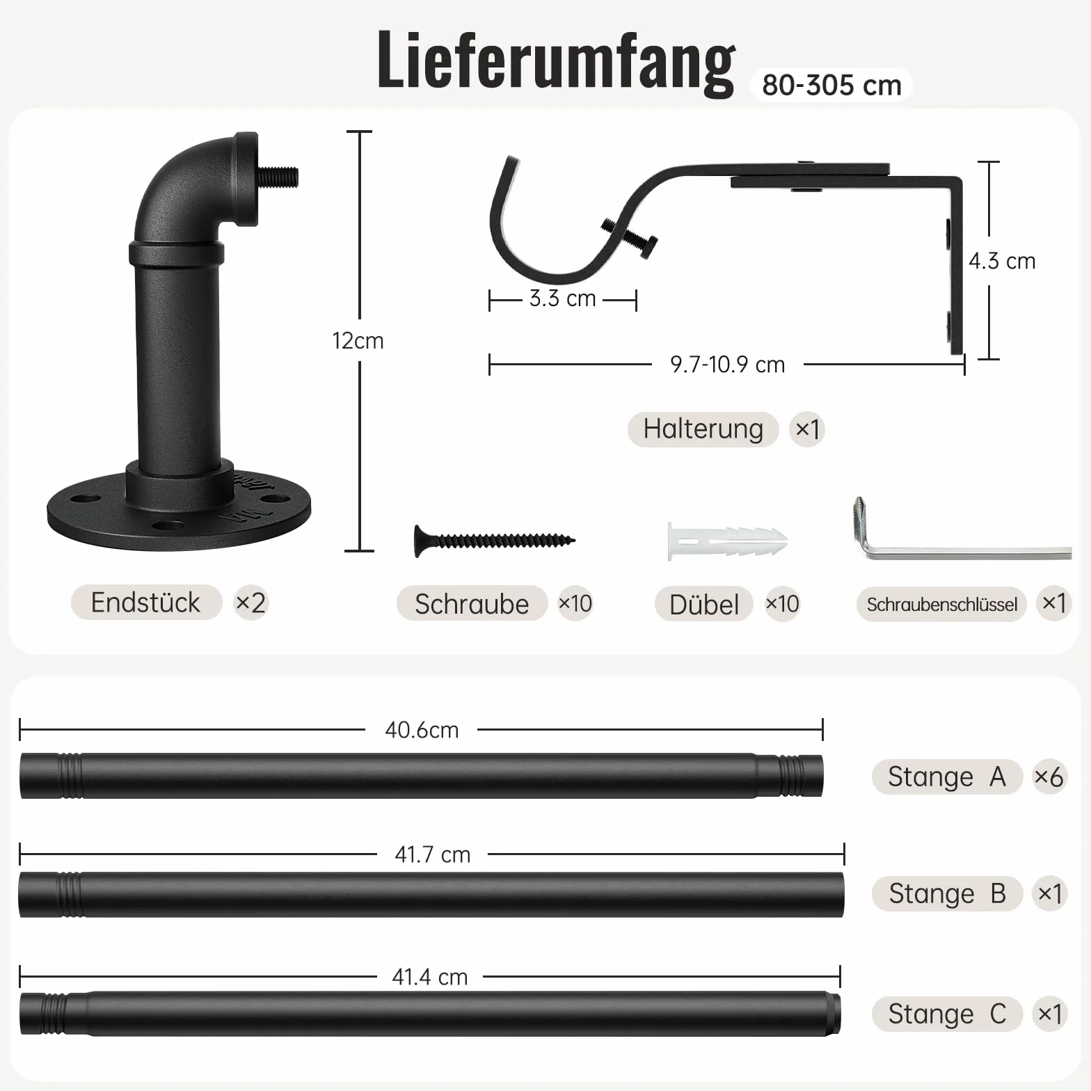 Tringle à Rideaux Industrielle 80-305cm Extensible Diamètre 25 mm Montage au Plafond Noir