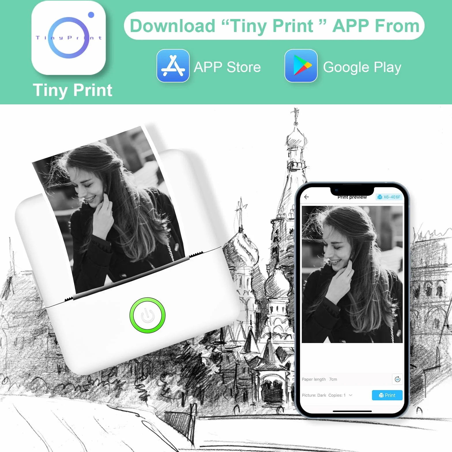 GuKKK Mini drukarka, mobilna drukarka fotograficzna, przenośna, bezprzewodowa drukarka termiczna, 13 rolek papieru do drukarki i 5 kredek, smartfon Bluetooth, do listy, dziennika