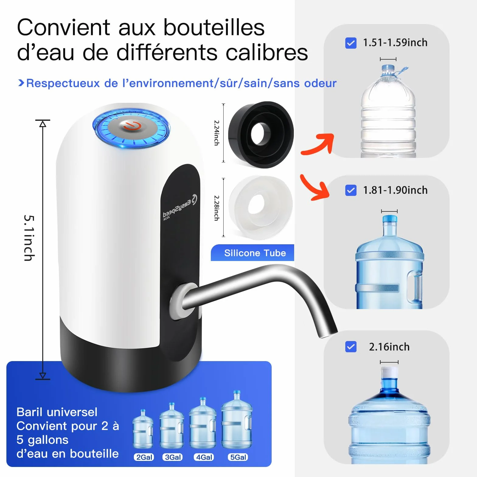 EASYSPEED Distributeur Eau Portable Rechargeable USB avec 2 Adaptateurs, Pompe Automatique, Camping Maison Bureau, Blanc