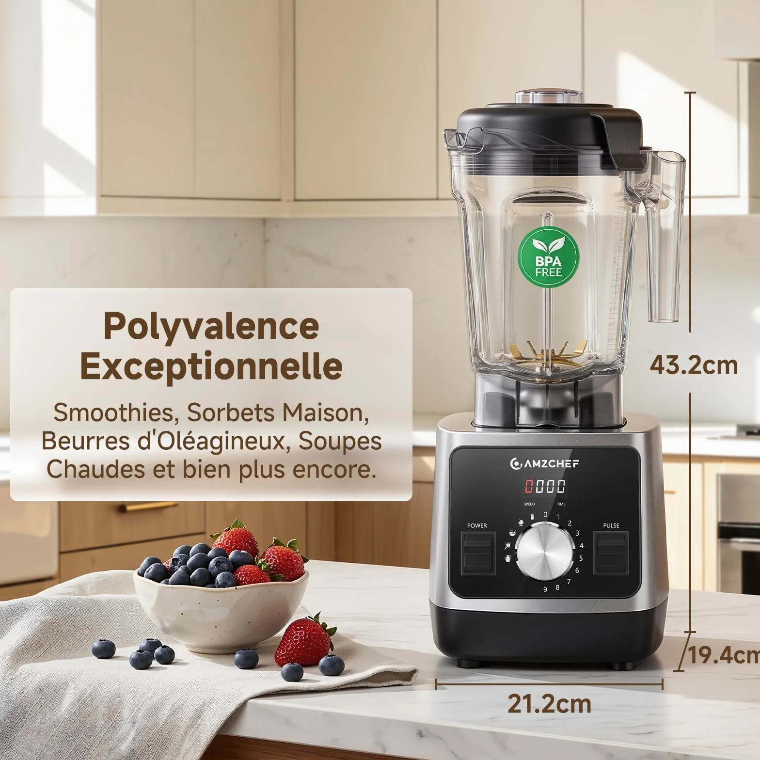 AMZCHEF Blender Électrique 1800W, Mixeur Haute Performance avec Bol 2L Tritan Sans BPA, 6 Lames en Acier Inoxydable Revêtement Titane, Smoothies, Glace Pilée, Shakes, Nettoyage Facile, Noir/Argent