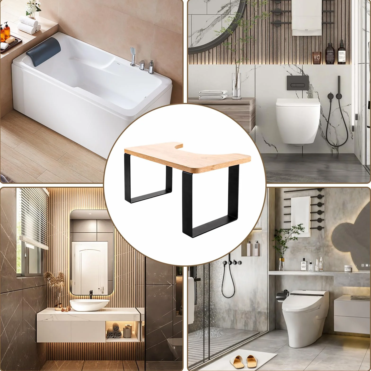 Tabouret de toilette, pour adulte, en métal et bois, noir mat, pour développer une position assise correcte et confortable
