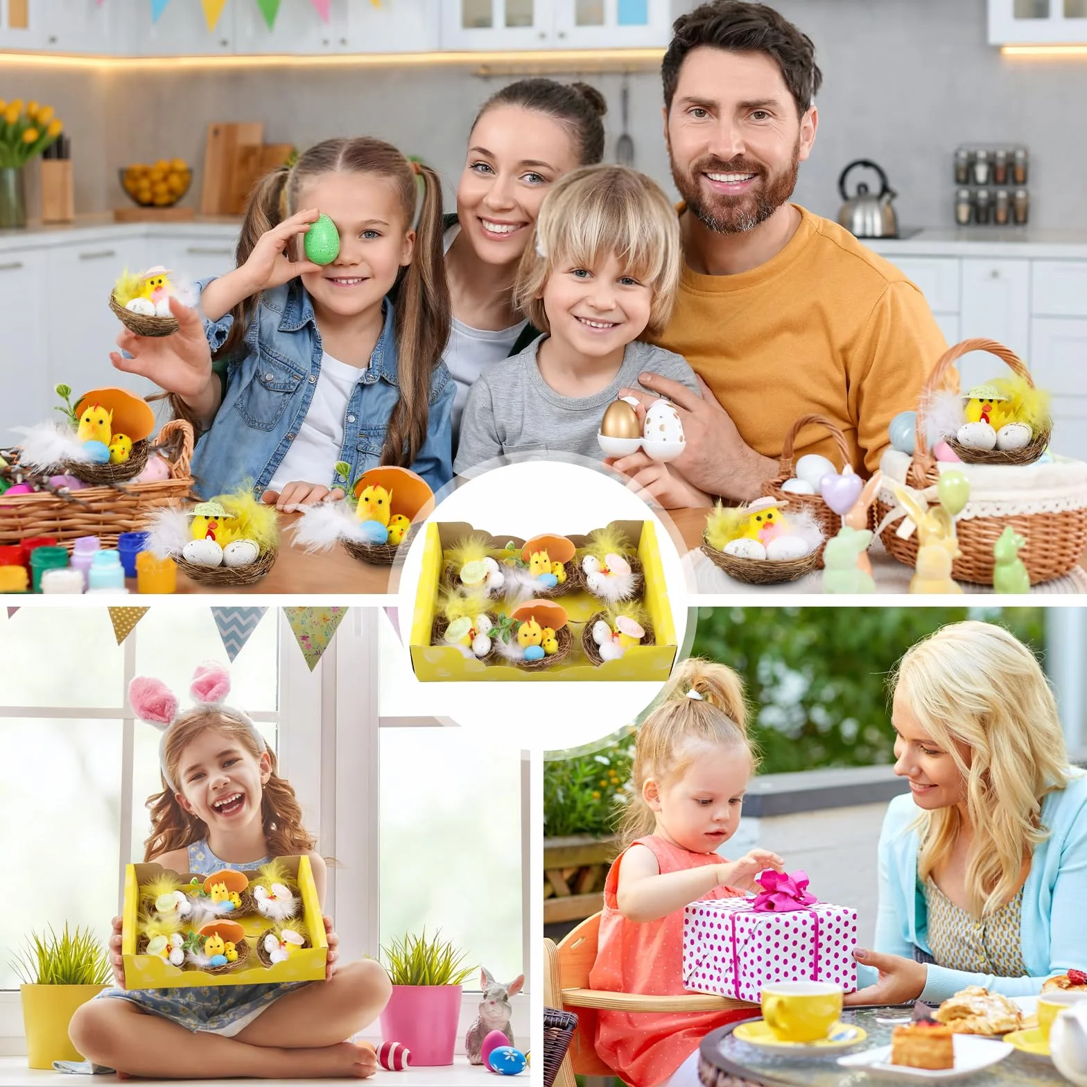 Set Poussins Pâques 6 Pièces Décoration Carton avec Œufs et Nid