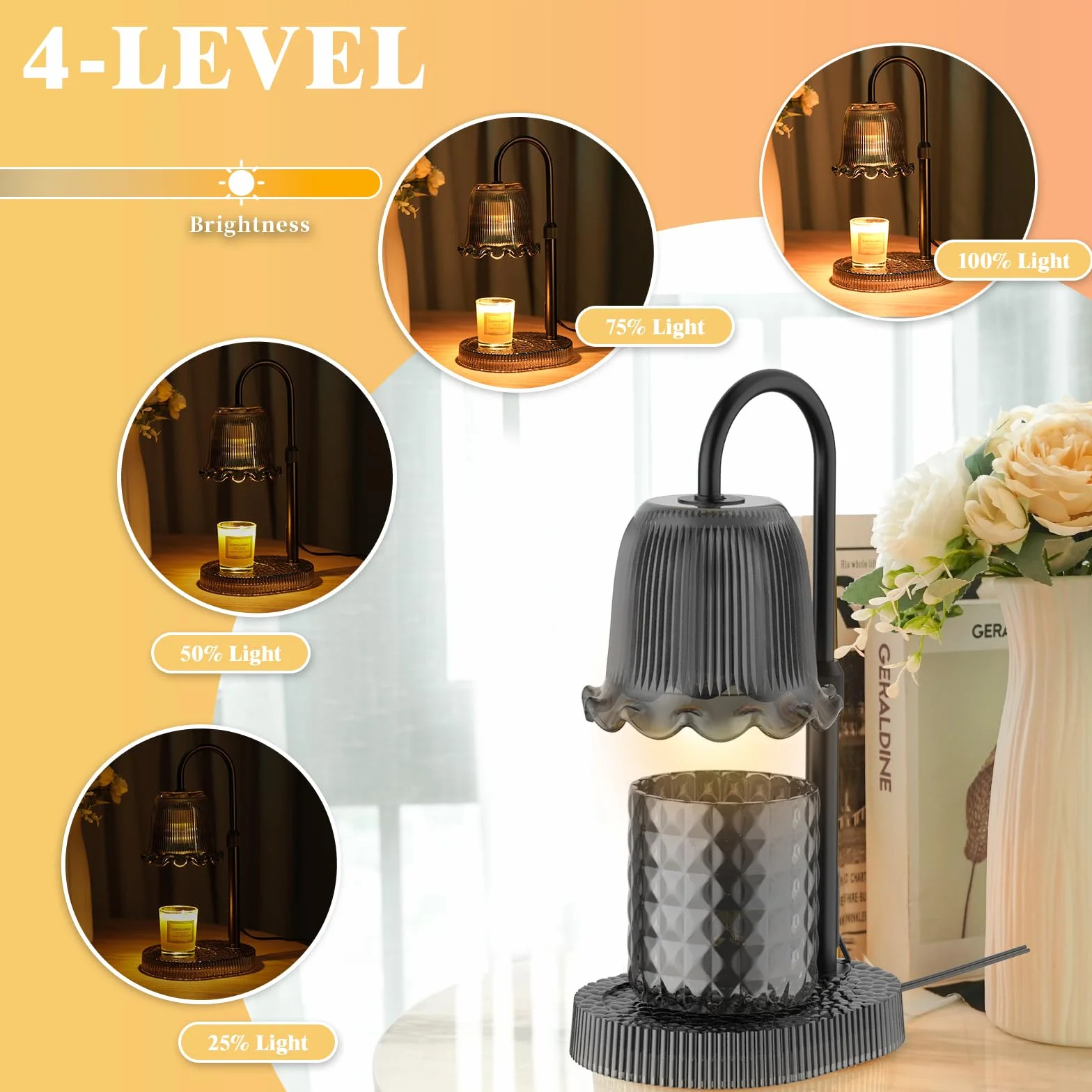 Lampe chauffe-bougie avec hauteur réglable – Chauffe-cire sans flamme à 4 niveaux à intensité variable, fonction minuterie et design élégant en plusieurs couleurs (Noir 1)