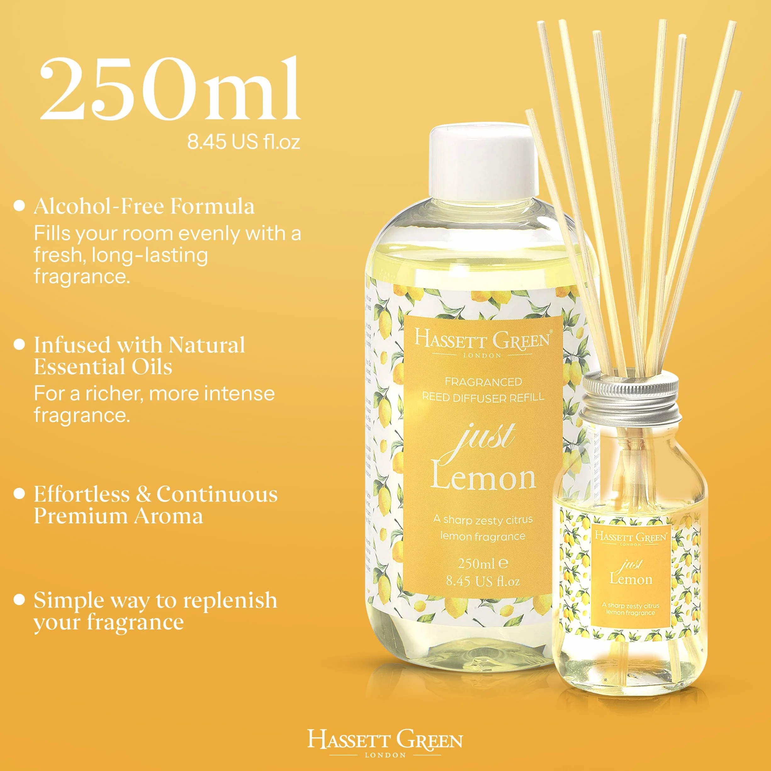 Hassett Green London Recharge de Diffuseur à Roseaux Just Lemon 250ml Parfum Citron Zesté Écologique Vegan
