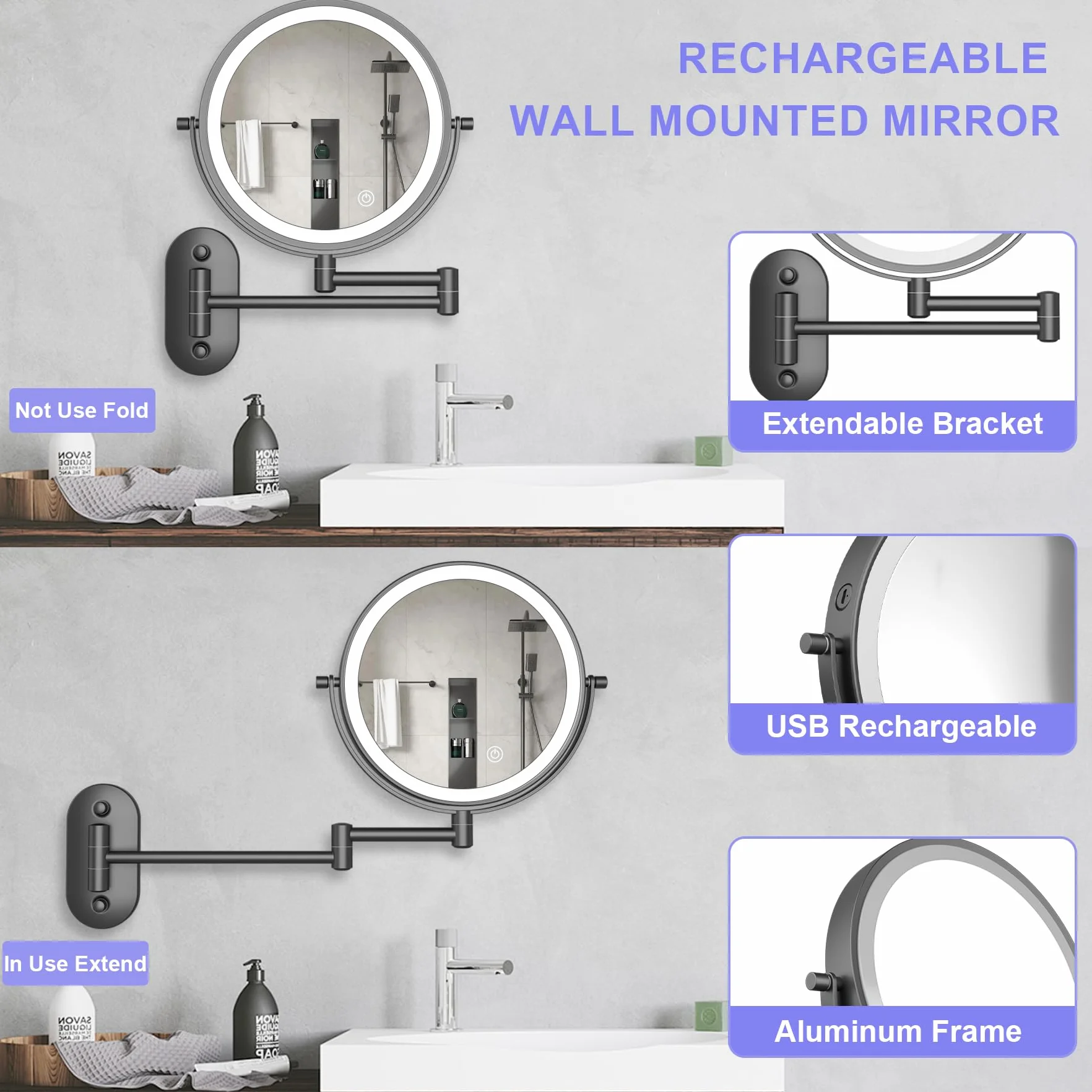 Miroir Grossissant Lumineux De 8" avec LED Grossissant Lumineux Mural X 10 pour Coiffeuse D'hôtel, Salle De Bain Et Rasage Rechargeable par USB,Miroir Mural Salle De Bain (noir-10X)