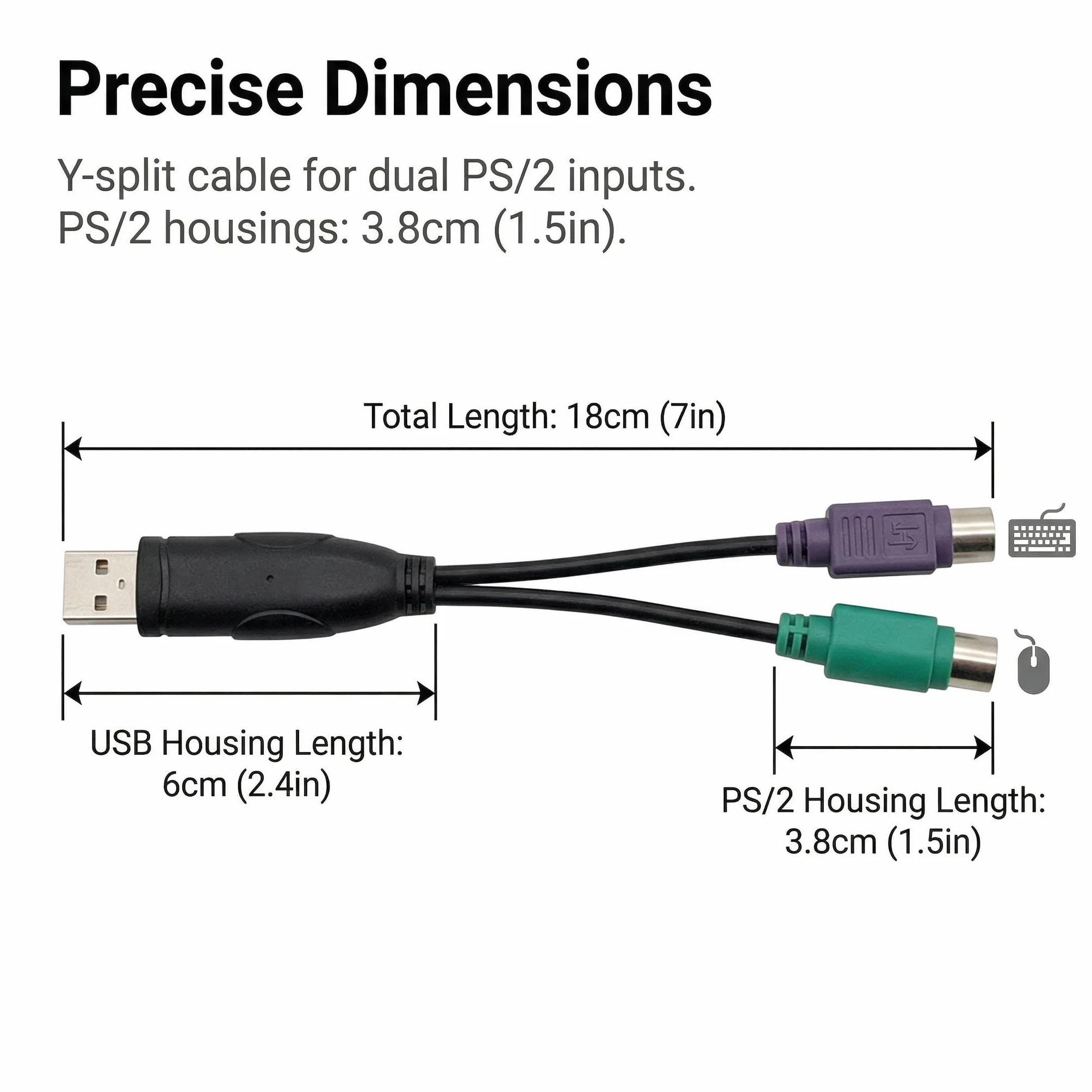 Adaptateur PS/2 vers USB, Convertisseur Actif PS2, Câble Clavier Souris, Lot de 2, 0.2m, Noir