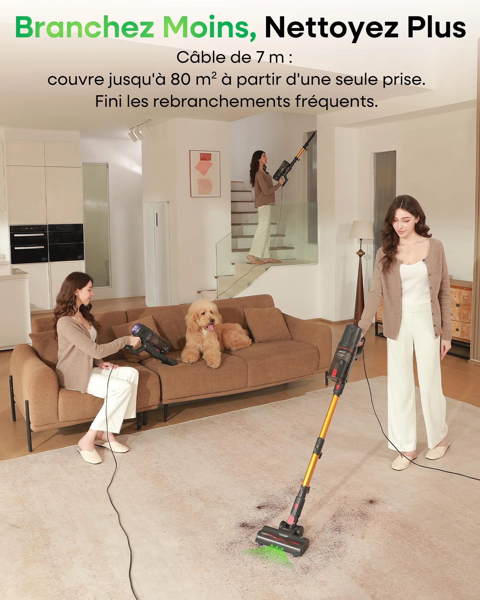 FAMIVAC FV2 Aspirateur Balai avec Fil, 65Kpa/600W Aspirateur sans Sac Puissant, Brosse Matelas, 1,3KG Léger, Câble 7M, 1,5L, Brosse Anti-Enroulement & Autoportante pour Tapis, Sols, Poils d’Animaux