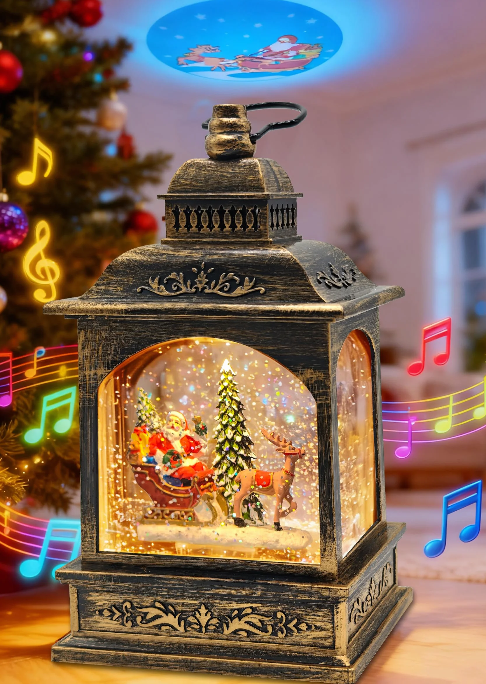 Christmas snow globe lantern with Santa Claus swirling glitter for festive decoration (Père Noël + élan + sapin de Noël)