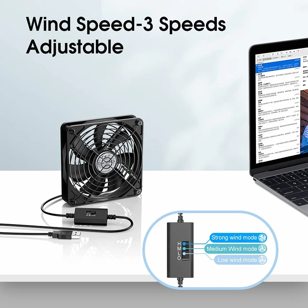 ELUTENG Wentylator USB 120 mm, 5 V, 3 regulowane prędkości, wentylator komputerowy USB, osiowy (120 mm), pasujący do komputerów, PS4, TV Boxów, odbiorników, kabin AV, routerów