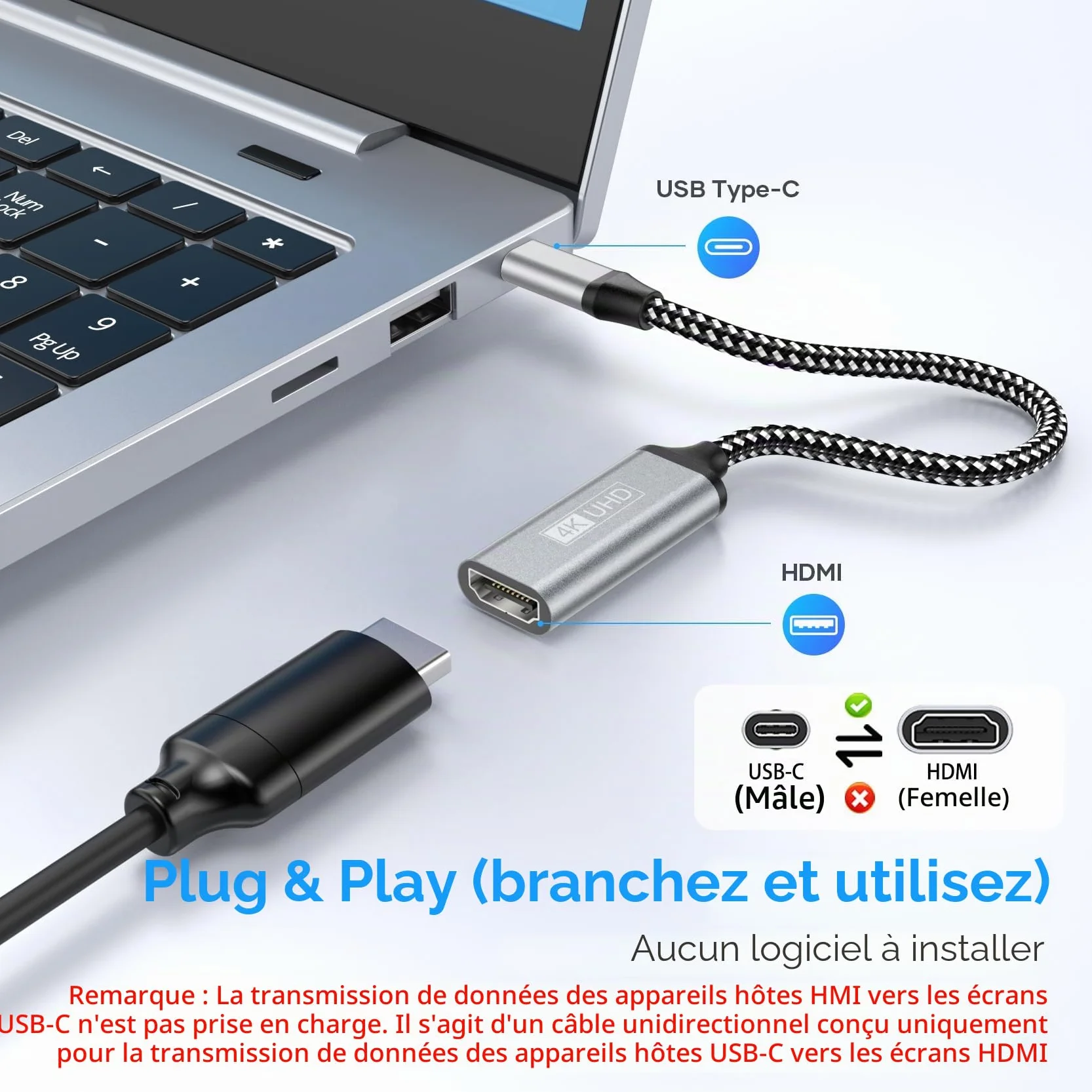 Adaptateur USB C vers HDMI 4K Thunderbolt 3 Compatible pour iPhone 16 15 Pro Max MacBook Pro Air iPad Pro
