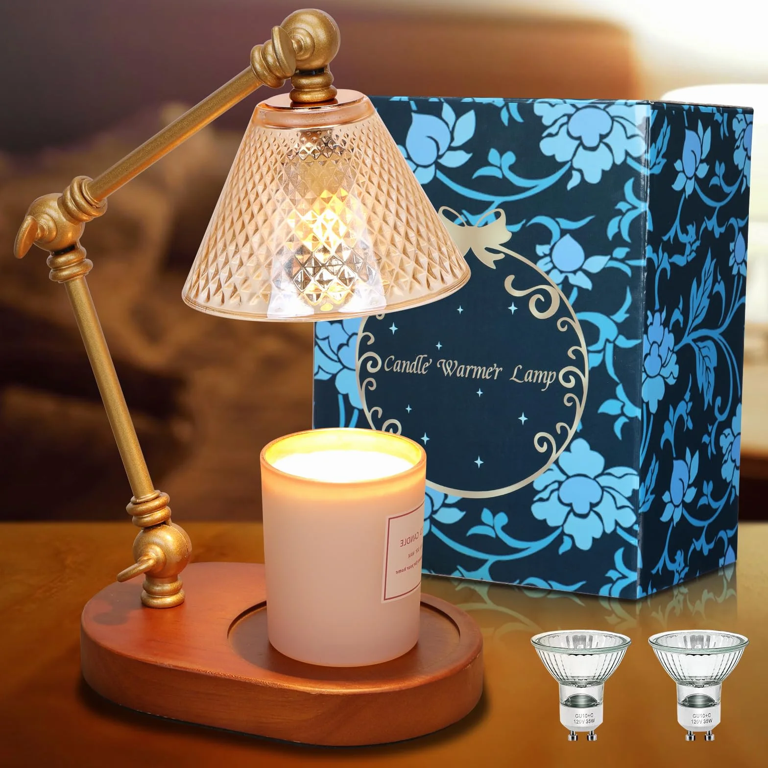 Lampe Chauffe-Bougie avec Variateur et Minuterie, Fondeur de cire de bougie électrique avec 3 interrupteurs à angle réglable, Chauffe-bougie filaire pour la décoration de la maison (2 Ampoules)