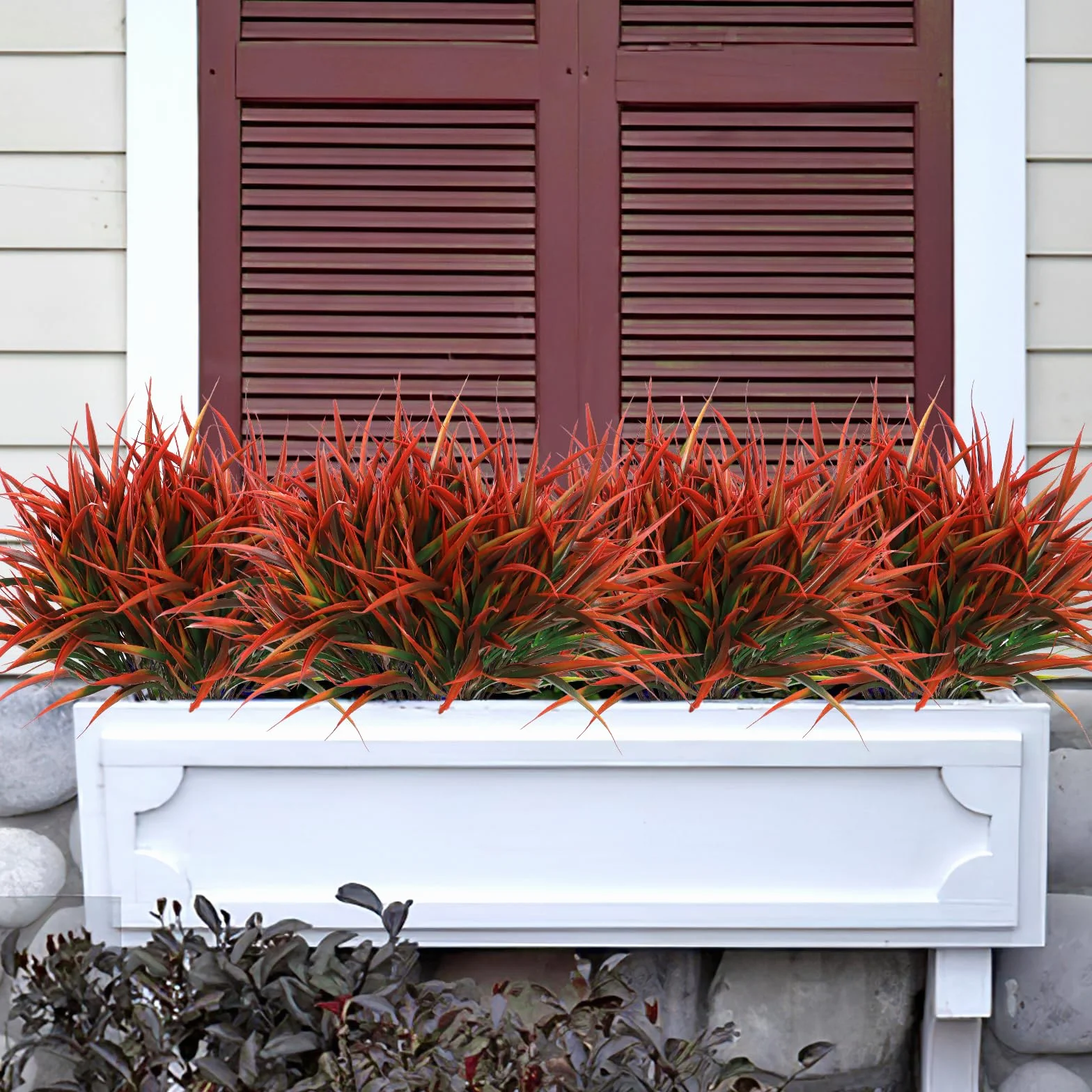 Plantes Artificielles d'Extérieur 8PCS Plastique Fausse Arbustes Verts Résistant aux UV Décoration (Rouge)